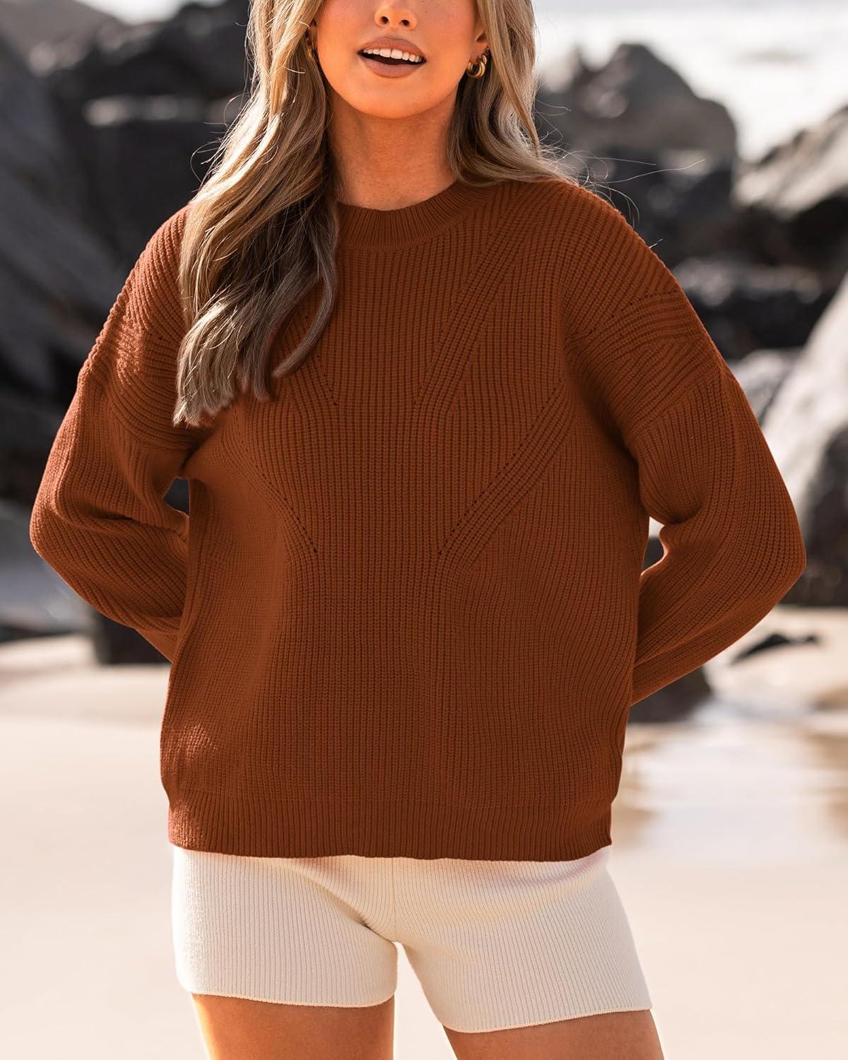 imageBTFBM Womens Casual Long Sleeve Sweaters Crew Neck Oversized Ribbed Knit Pullover Sweater 2025 Fall Winter Jumper TopsSolid Caramel