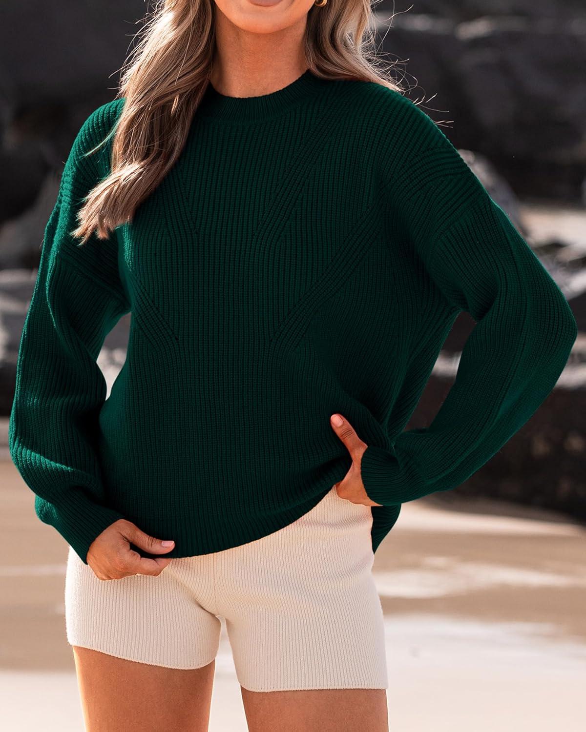 imageBTFBM Womens Casual Long Sleeve Sweaters Crew Neck Oversized Ribbed Knit Pullover Sweater 2025 Fall Winter Jumper TopsSolid Dark Green