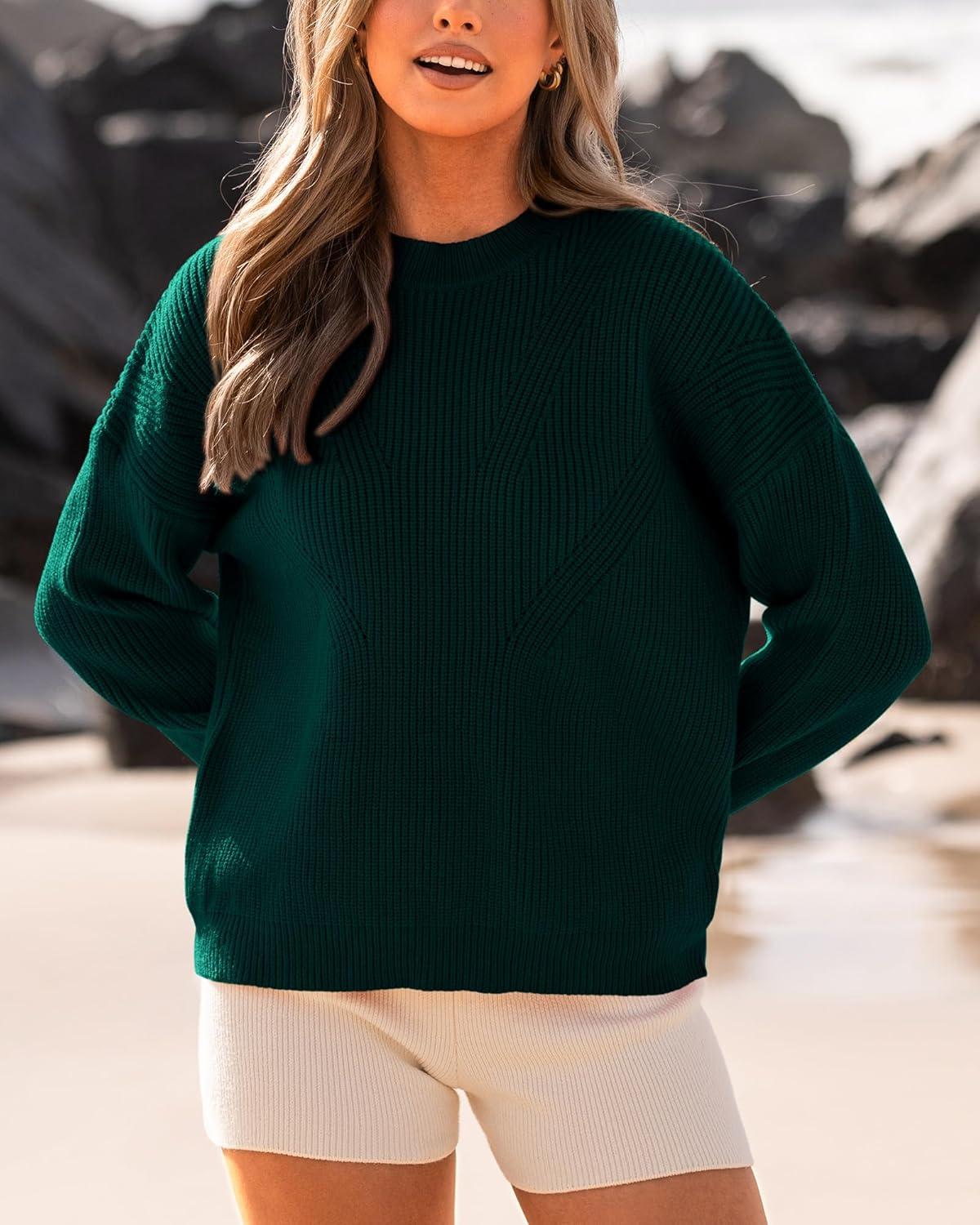 imageBTFBM Womens Casual Long Sleeve Sweaters Crew Neck Oversized Ribbed Knit Pullover Sweater 2025 Fall Winter Jumper TopsSolid Dark Green
