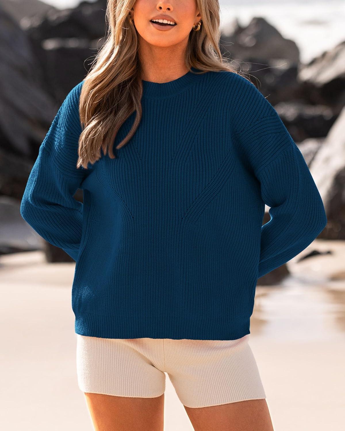 imageBTFBM Womens Casual Long Sleeve Sweaters Crew Neck Oversized Ribbed Knit Pullover Sweater 2025 Fall Winter Jumper TopsSolid Denim Blue