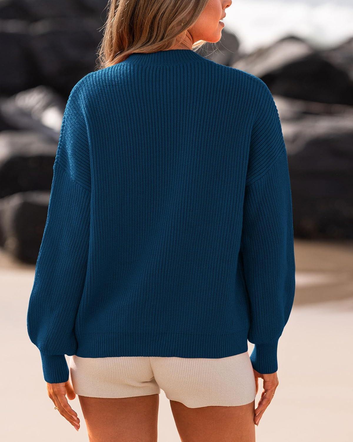 imageBTFBM Womens Casual Long Sleeve Sweaters Crew Neck Oversized Ribbed Knit Pullover Sweater 2025 Fall Winter Jumper TopsSolid Denim Blue