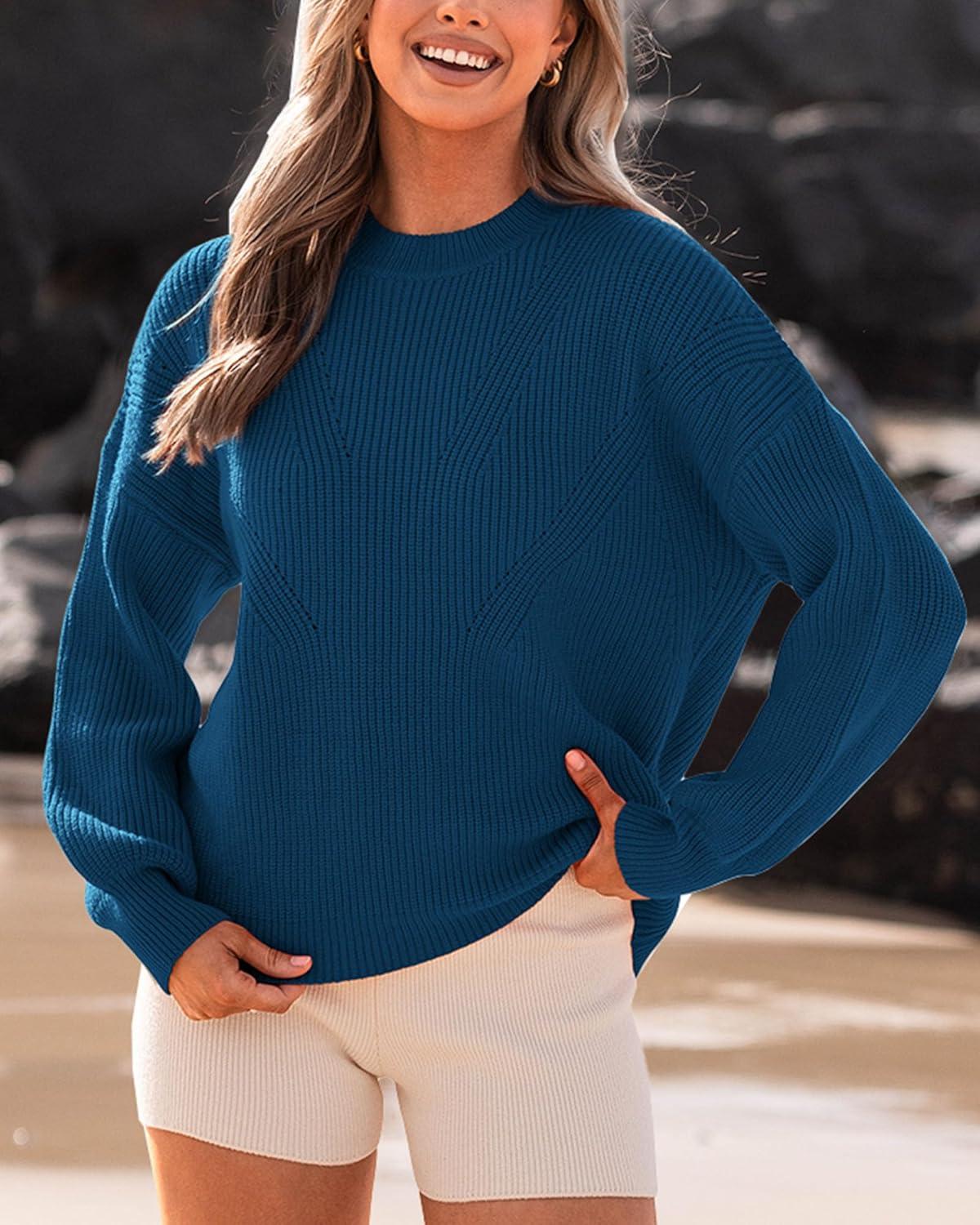 imageBTFBM Womens Casual Long Sleeve Sweaters Crew Neck Oversized Ribbed Knit Pullover Sweater 2025 Fall Winter Jumper TopsSolid Denim Blue