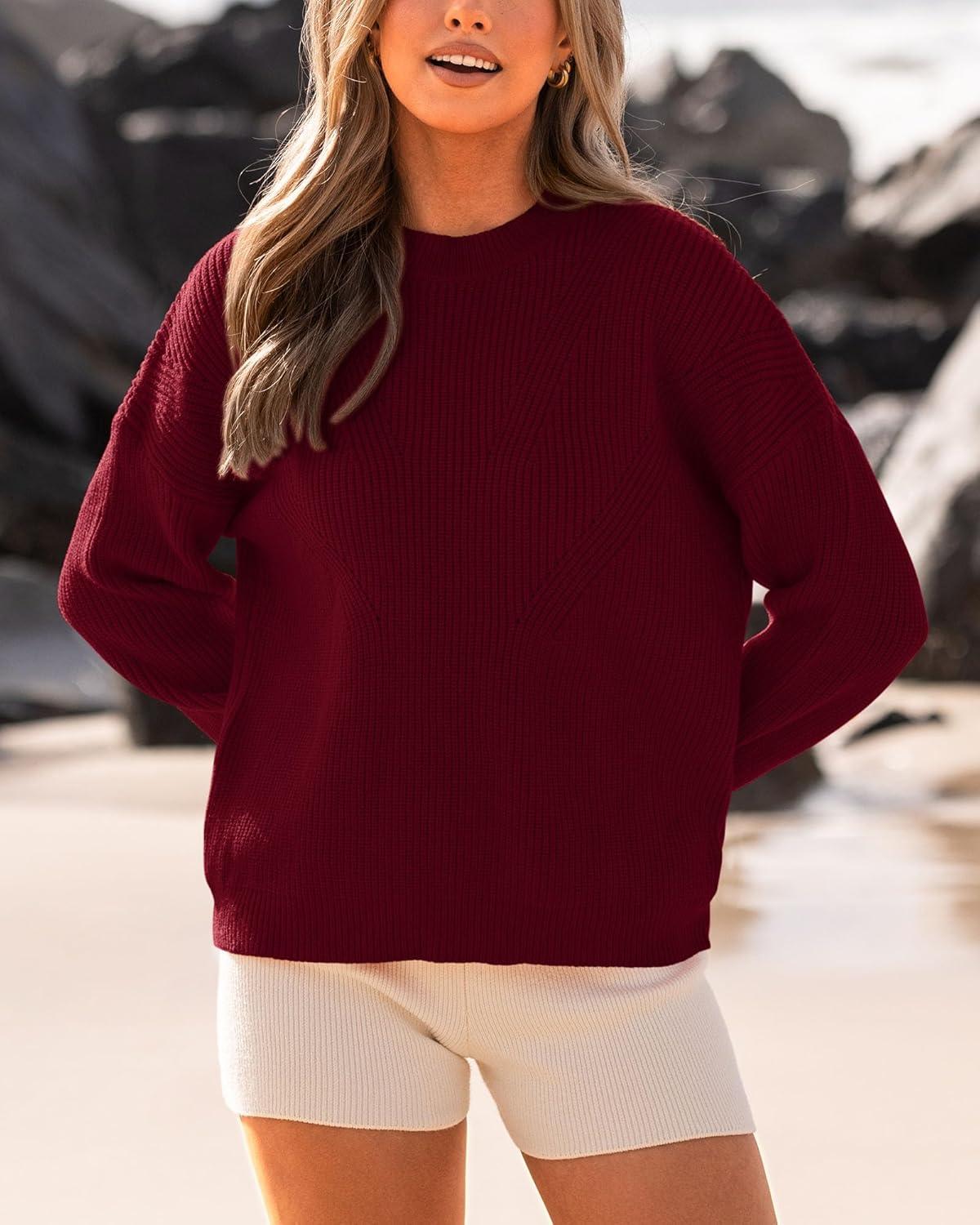 imageBTFBM Womens Casual Long Sleeve Sweaters Crew Neck Oversized Ribbed Knit Pullover Sweater 2025 Fall Winter Jumper TopsSolid Wine Red