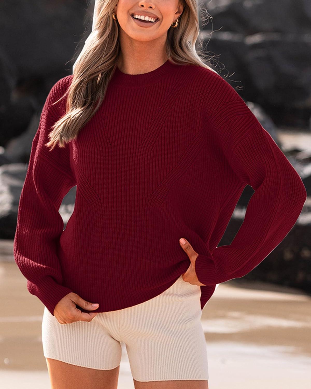 imageBTFBM Womens Casual Long Sleeve Sweaters Crew Neck Oversized Ribbed Knit Pullover Sweater 2025 Fall Winter Jumper TopsSolid Wine Red