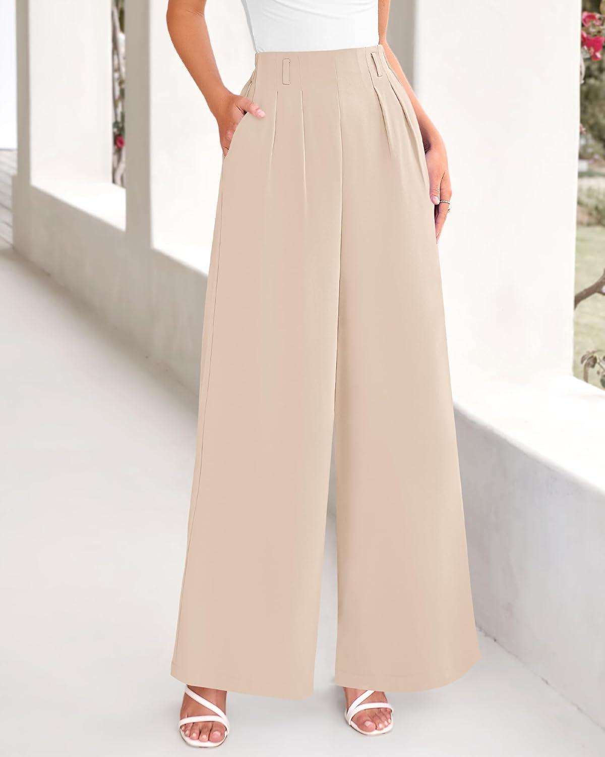 imageBTFBM Womens Elegant Flowy Dress Pants Front Pleated High Waisted Casual Wide Leg Loose Palazzo Trousers with PocketsBeige
