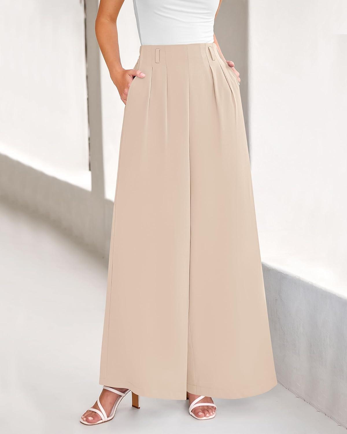 imageBTFBM Womens Elegant Flowy Dress Pants Front Pleated High Waisted Casual Wide Leg Loose Palazzo Trousers with PocketsBeige