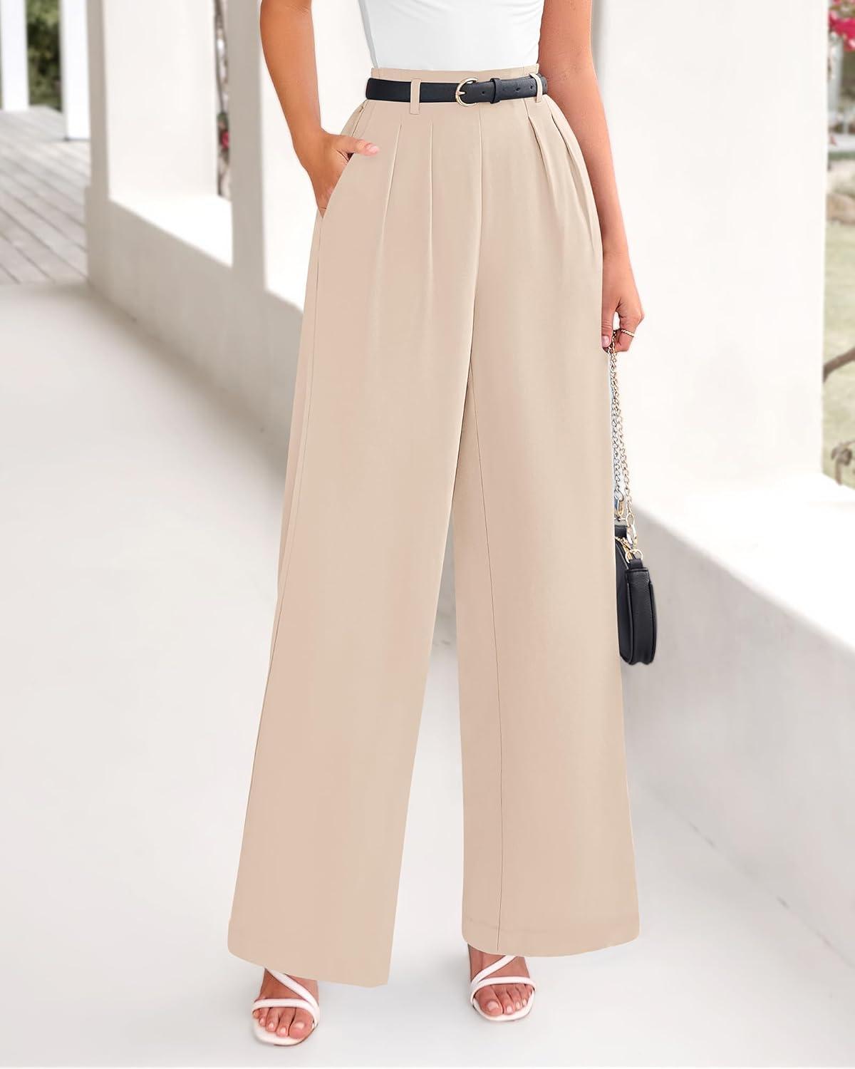 imageBTFBM Womens Elegant Flowy Dress Pants Front Pleated High Waisted Casual Wide Leg Loose Palazzo Trousers with PocketsBeige