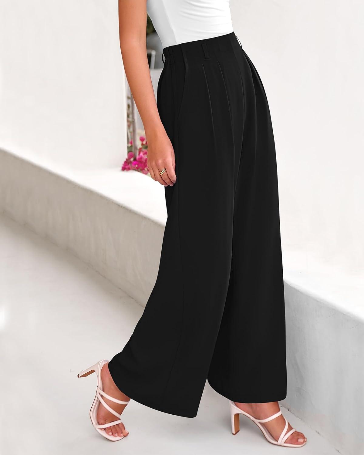 imageBTFBM Womens Elegant Flowy Dress Pants Front Pleated High Waisted Casual Wide Leg Loose Palazzo Trousers with PocketsBlack
