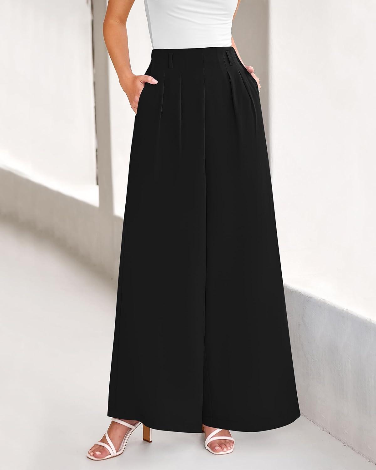 imageBTFBM Womens Elegant Flowy Dress Pants Front Pleated High Waisted Casual Wide Leg Loose Palazzo Trousers with PocketsBlack