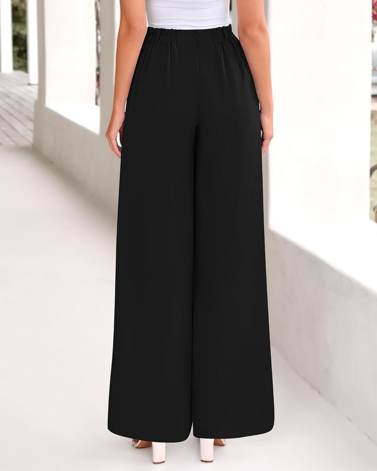 imageBTFBM Womens Elegant Flowy Dress Pants Front Pleated High Waisted Casual Wide Leg Loose Palazzo Trousers with PocketsBlack