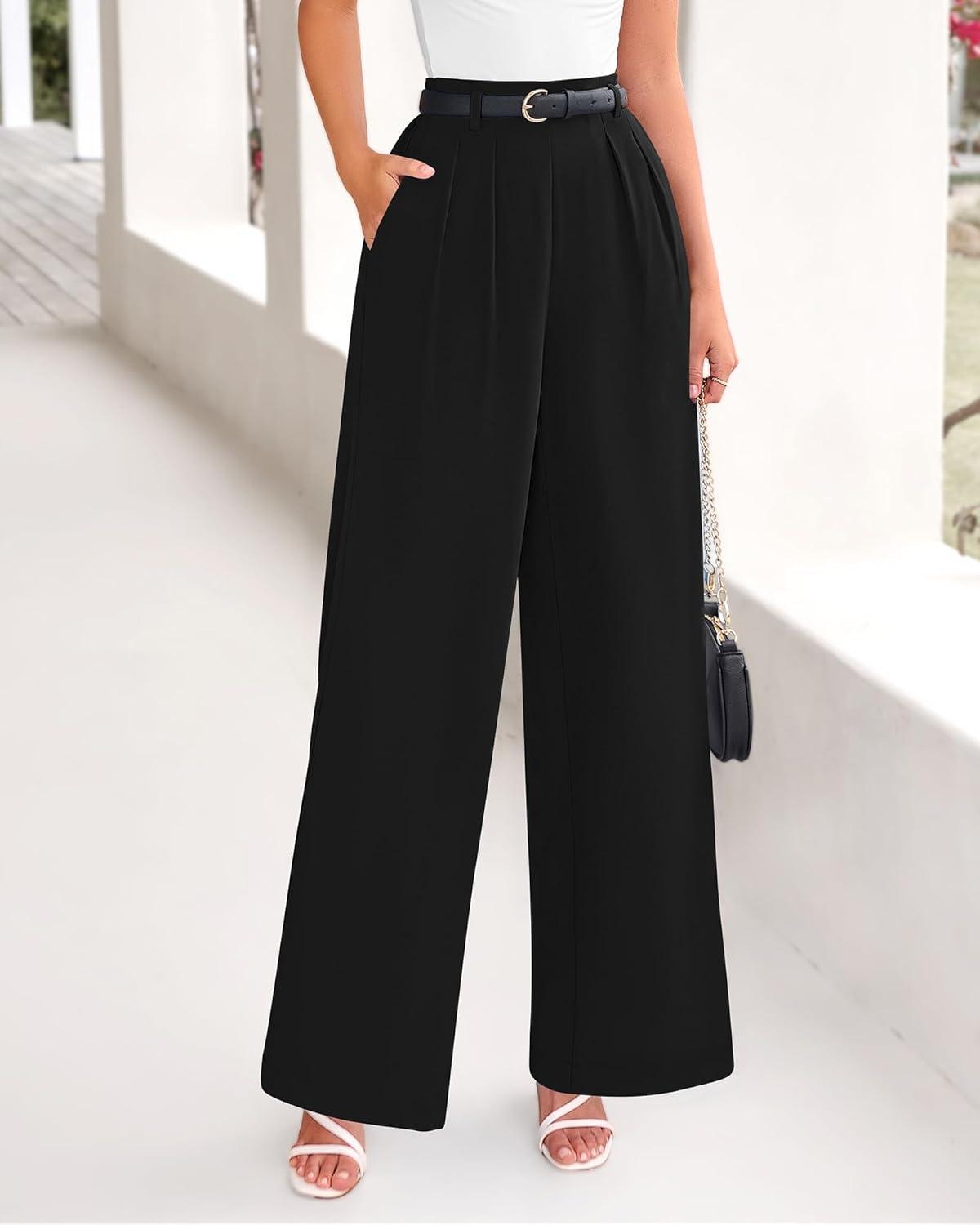 imageBTFBM Womens Elegant Flowy Dress Pants Front Pleated High Waisted Casual Wide Leg Loose Palazzo Trousers with PocketsBlack