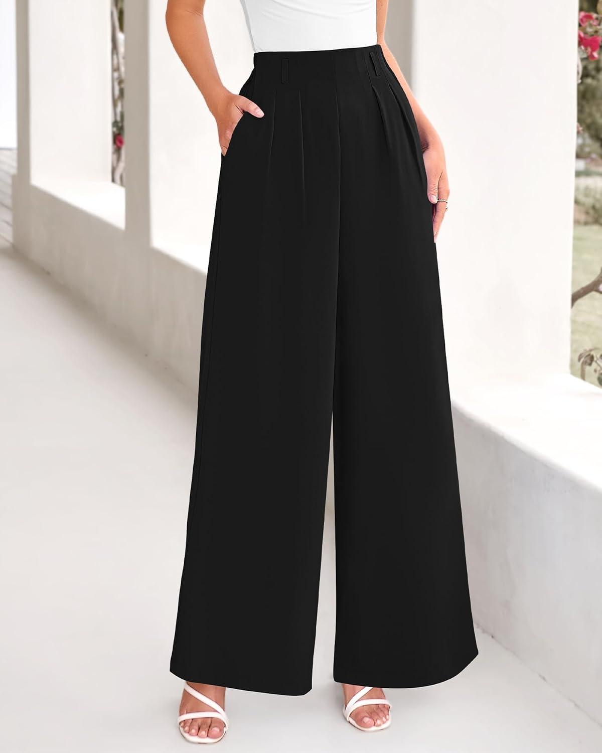 imageBTFBM Womens Elegant Flowy Dress Pants Front Pleated High Waisted Casual Wide Leg Loose Palazzo Trousers with PocketsBlack