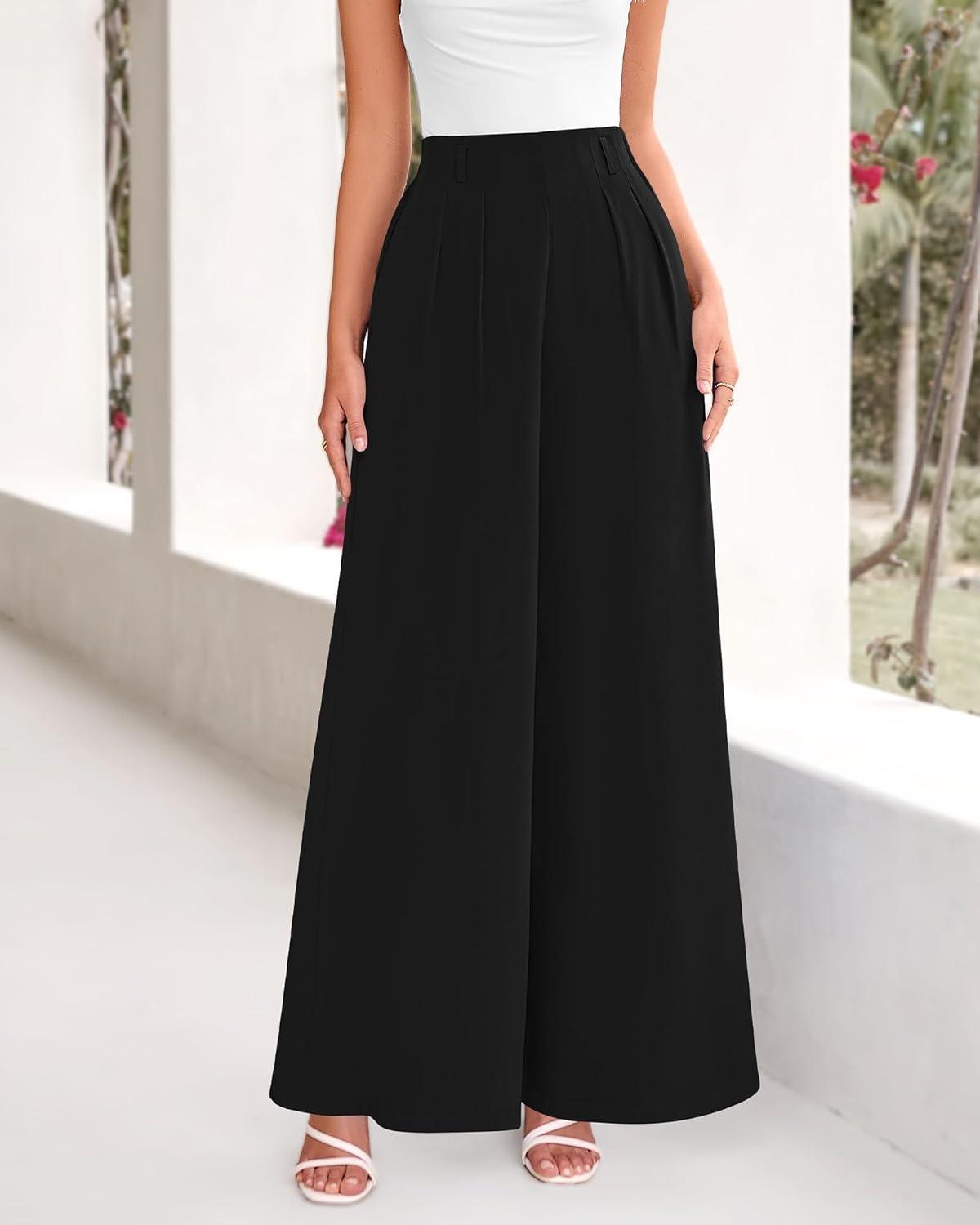 imageBTFBM Womens Elegant Flowy Dress Pants Front Pleated High Waisted Casual Wide Leg Loose Palazzo Trousers with PocketsBlack