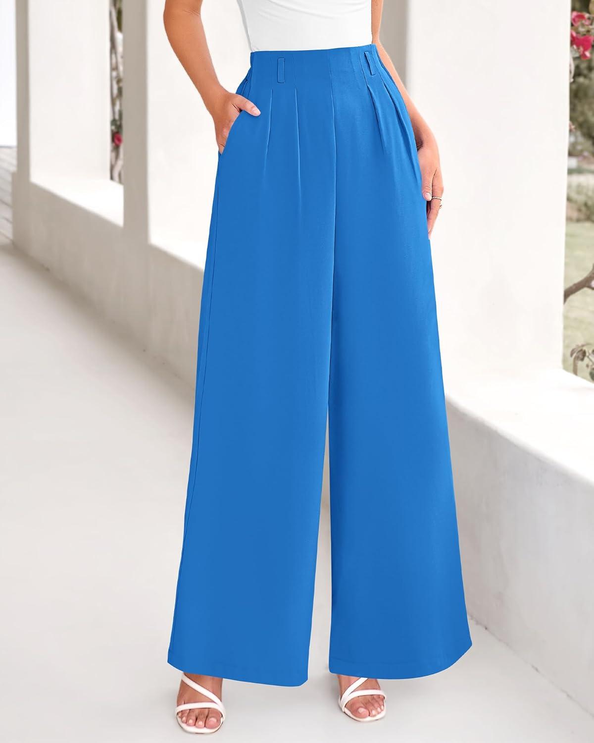 imageBTFBM Womens Elegant Flowy Dress Pants Front Pleated High Waisted Casual Wide Leg Loose Palazzo Trousers with PocketsBlue