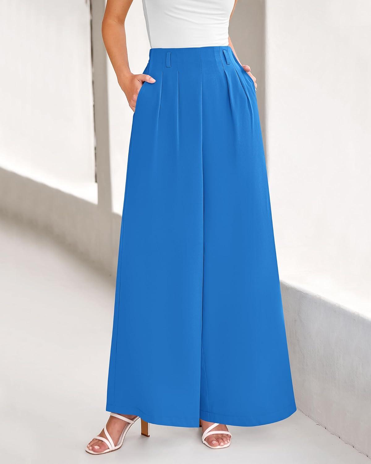 imageBTFBM Womens Elegant Flowy Dress Pants Front Pleated High Waisted Casual Wide Leg Loose Palazzo Trousers with PocketsBlue
