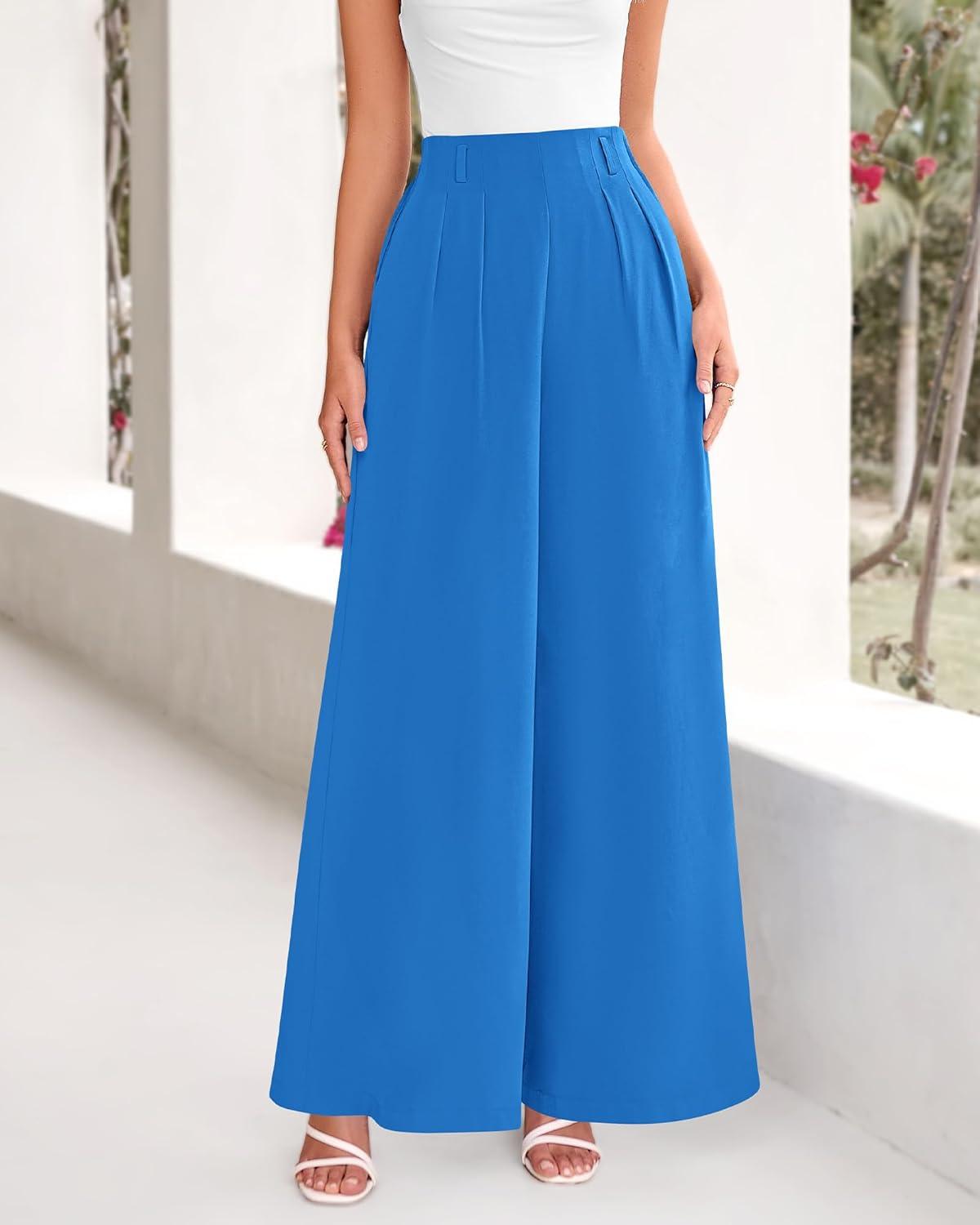 imageBTFBM Womens Elegant Flowy Dress Pants Front Pleated High Waisted Casual Wide Leg Loose Palazzo Trousers with PocketsBlue
