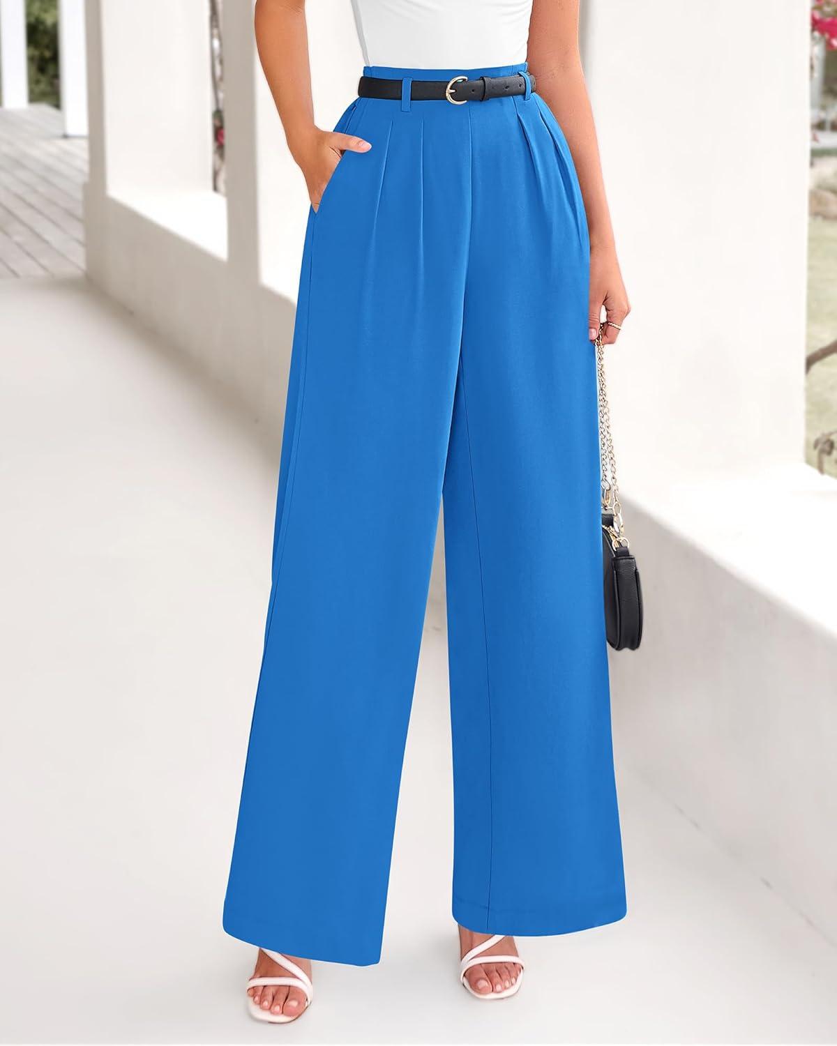 imageBTFBM Womens Elegant Flowy Dress Pants Front Pleated High Waisted Casual Wide Leg Loose Palazzo Trousers with PocketsBlue