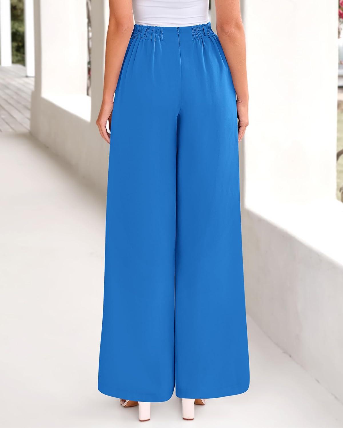 imageBTFBM Womens Elegant Flowy Dress Pants Front Pleated High Waisted Casual Wide Leg Loose Palazzo Trousers with PocketsBlue