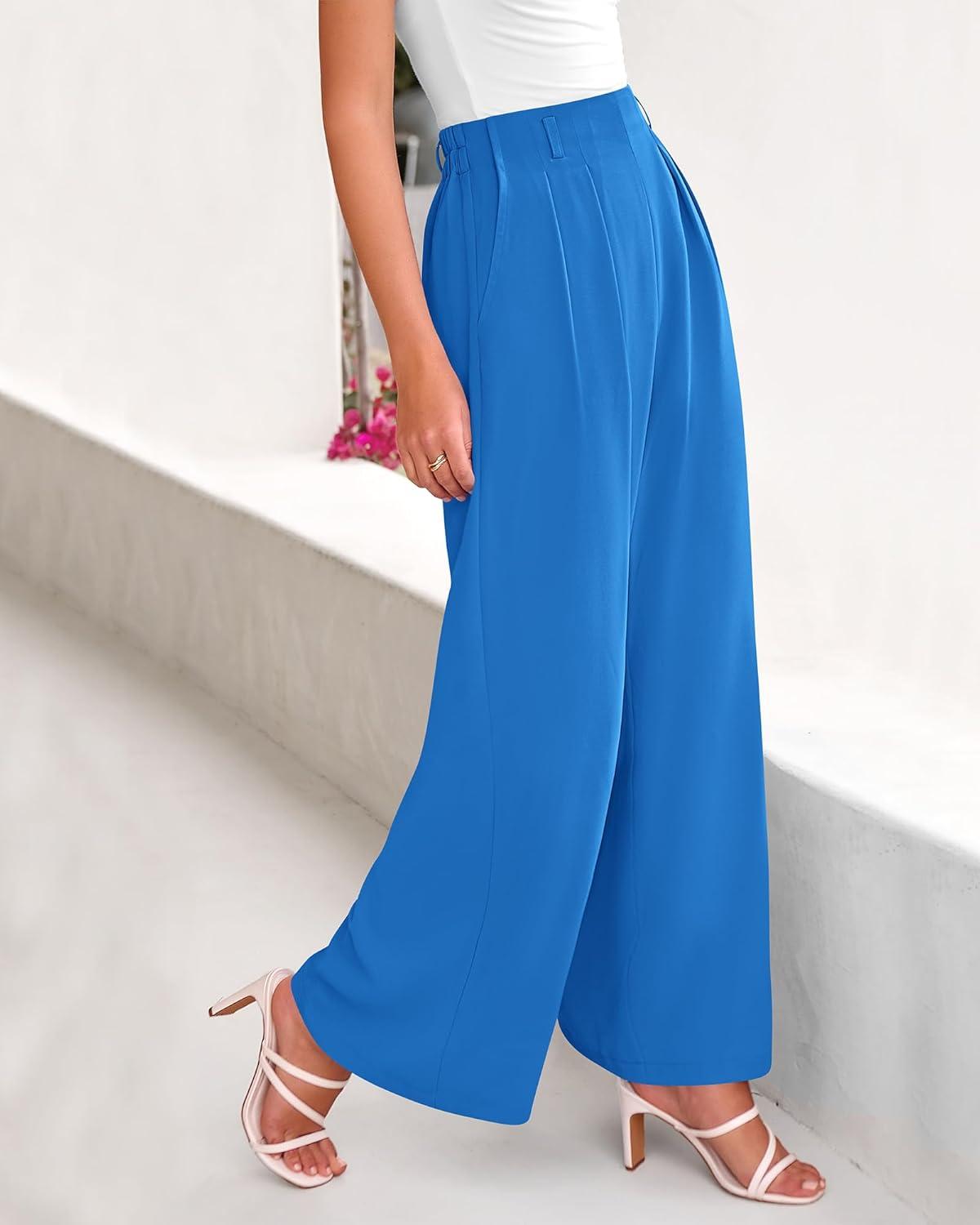 imageBTFBM Womens Elegant Flowy Dress Pants Front Pleated High Waisted Casual Wide Leg Loose Palazzo Trousers with PocketsBlue