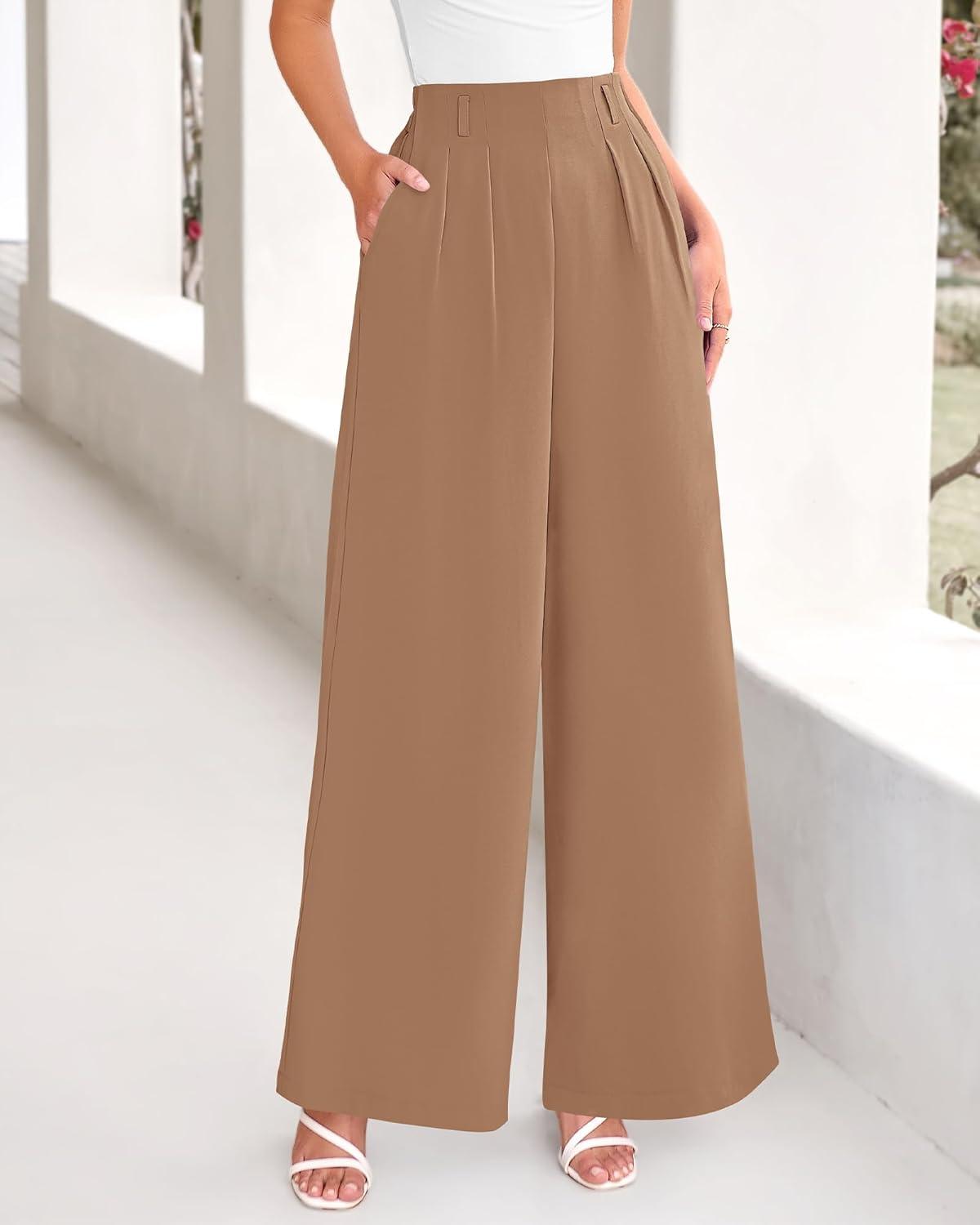 imageBTFBM Womens Elegant Flowy Dress Pants Front Pleated High Waisted Casual Wide Leg Loose Palazzo Trousers with PocketsKhaki