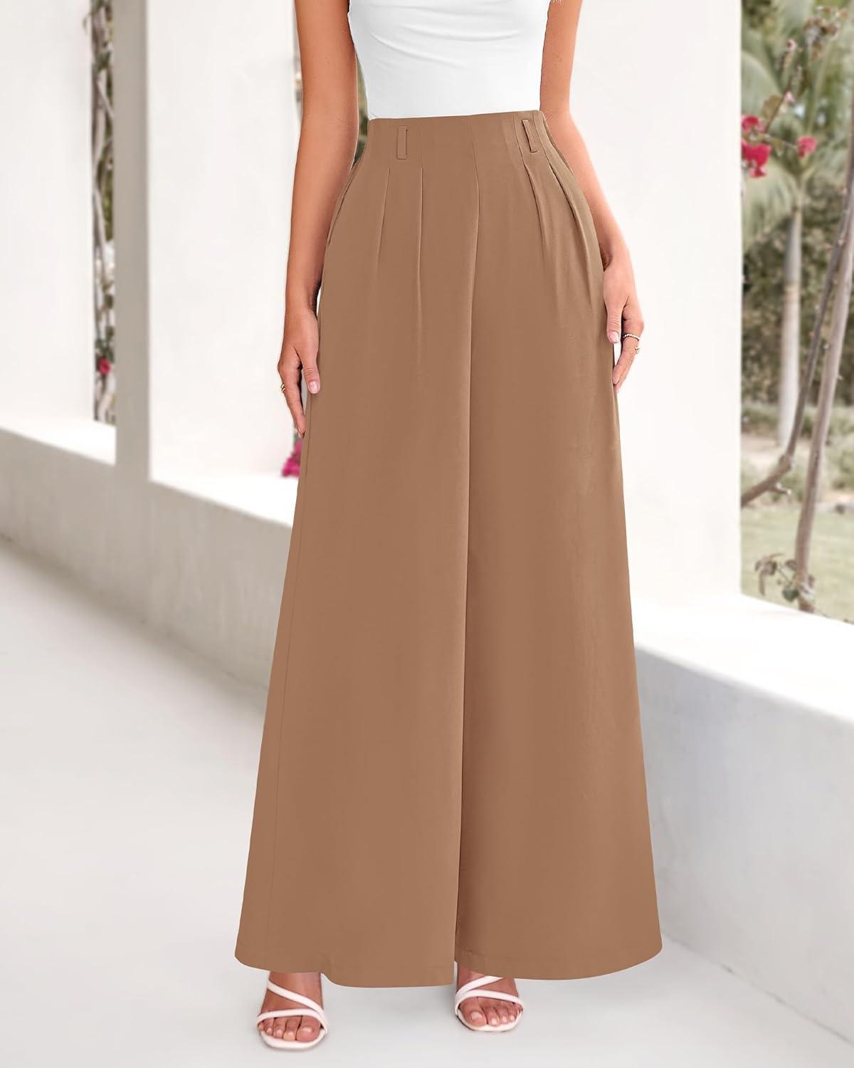 imageBTFBM Womens Elegant Flowy Dress Pants Front Pleated High Waisted Casual Wide Leg Loose Palazzo Trousers with PocketsKhaki