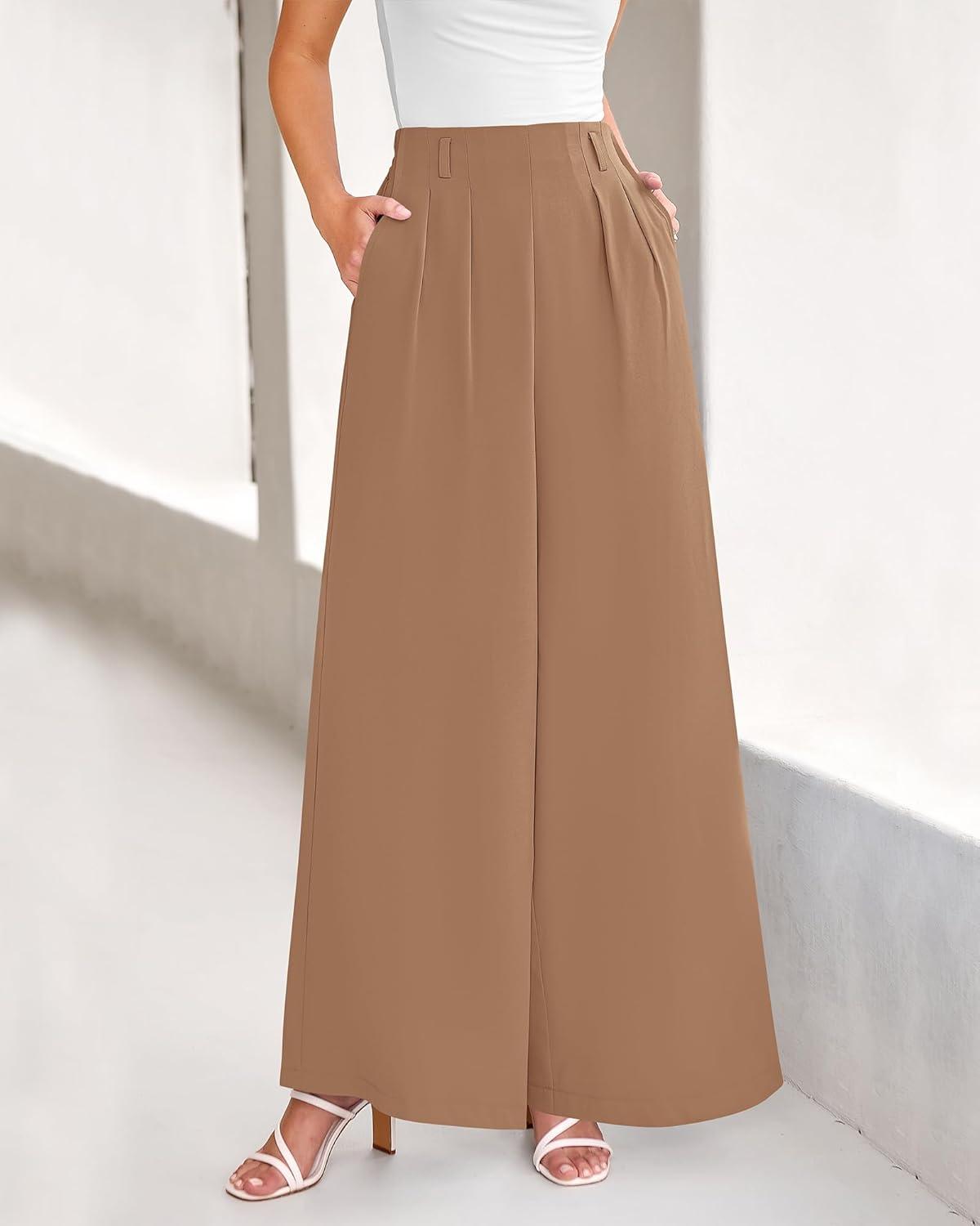 imageBTFBM Womens Elegant Flowy Dress Pants Front Pleated High Waisted Casual Wide Leg Loose Palazzo Trousers with PocketsKhaki
