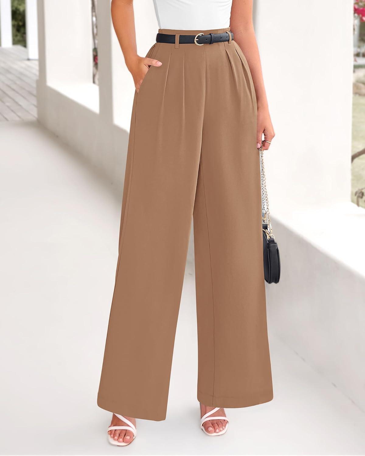 imageBTFBM Womens Elegant Flowy Dress Pants Front Pleated High Waisted Casual Wide Leg Loose Palazzo Trousers with PocketsKhaki