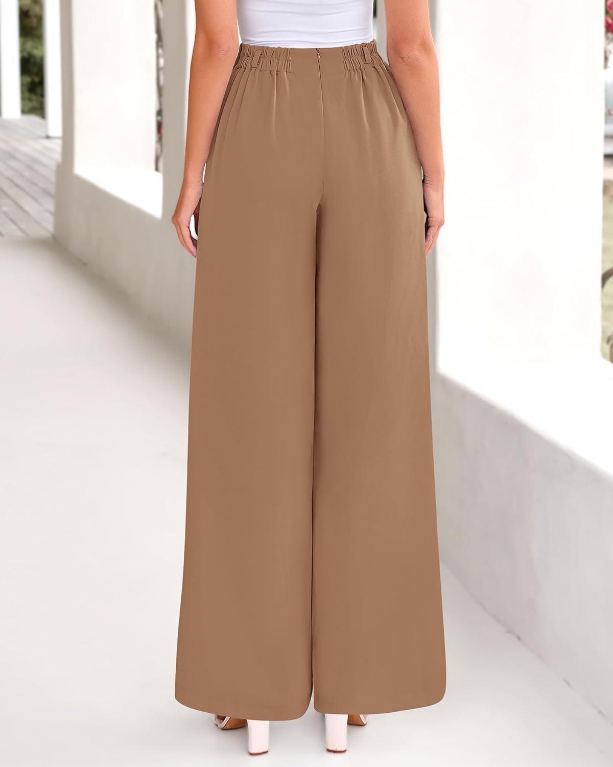 imageBTFBM Womens Elegant Flowy Dress Pants Front Pleated High Waisted Casual Wide Leg Loose Palazzo Trousers with PocketsKhaki