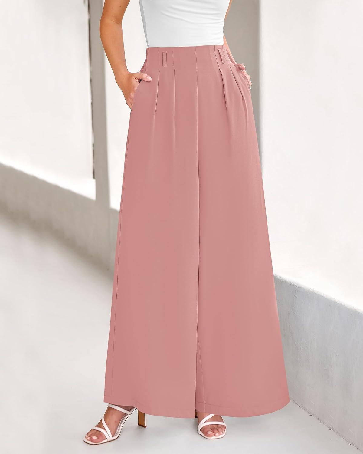 imageBTFBM Womens Elegant Flowy Dress Pants Front Pleated High Waisted Casual Wide Leg Loose Palazzo Trousers with PocketsPink