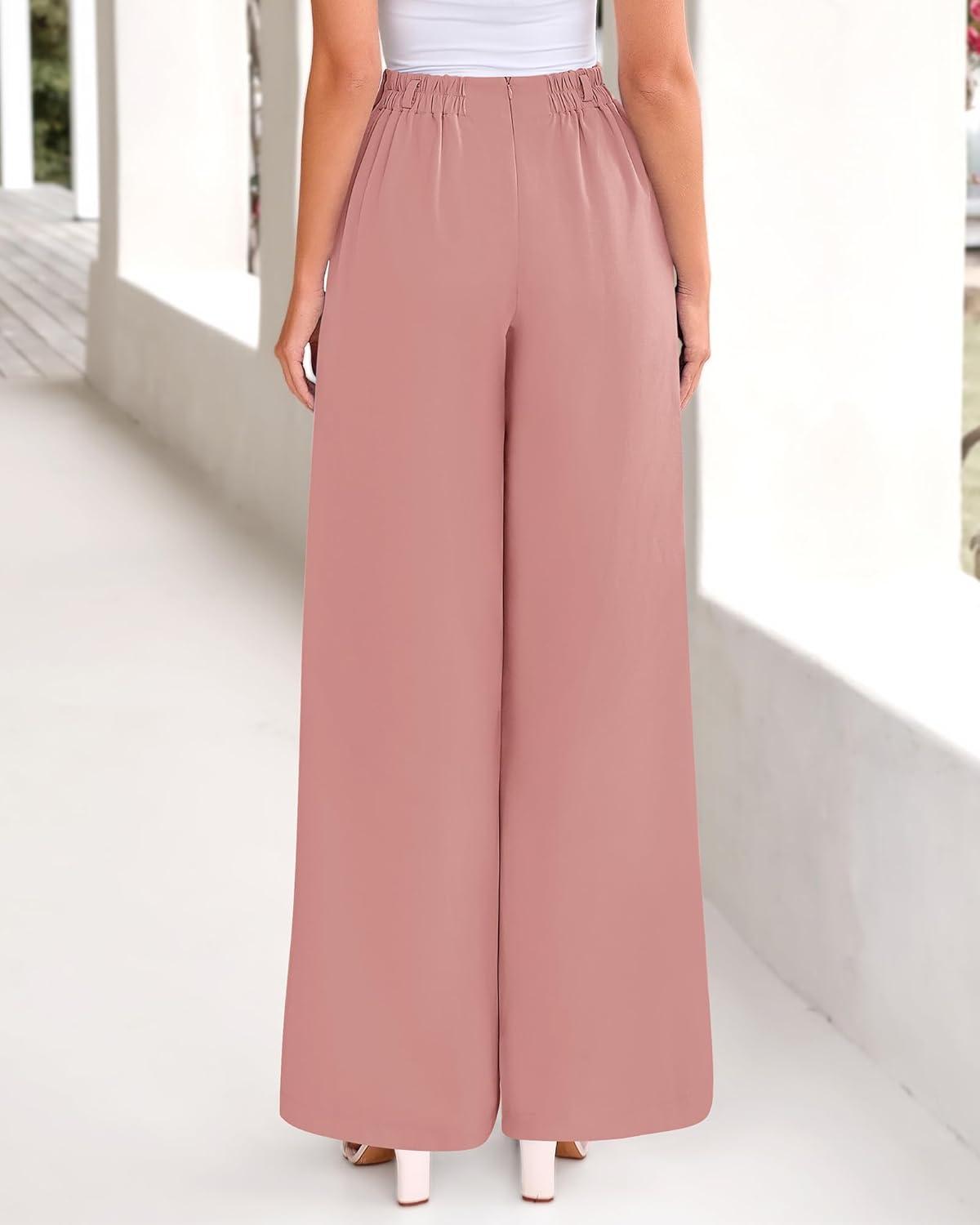 imageBTFBM Womens Elegant Flowy Dress Pants Front Pleated High Waisted Casual Wide Leg Loose Palazzo Trousers with PocketsPink