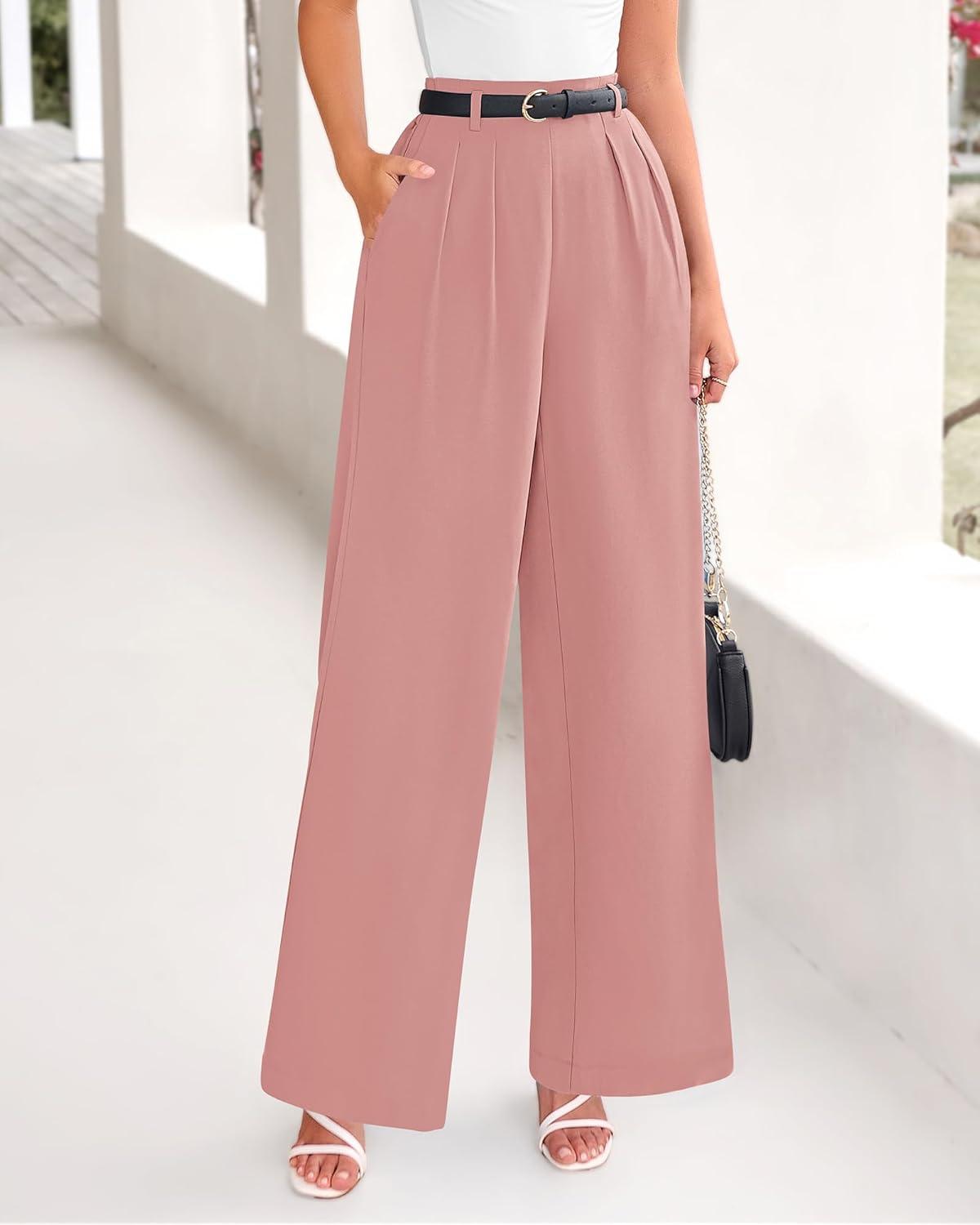 imageBTFBM Womens Elegant Flowy Dress Pants Front Pleated High Waisted Casual Wide Leg Loose Palazzo Trousers with PocketsPink