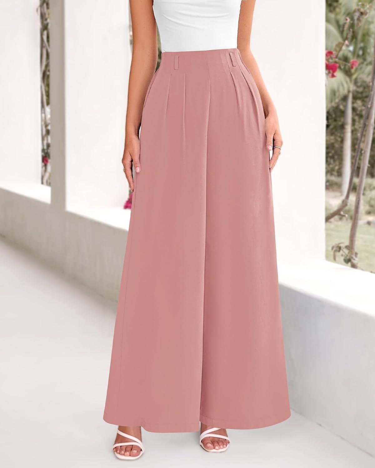 imageBTFBM Womens Elegant Flowy Dress Pants Front Pleated High Waisted Casual Wide Leg Loose Palazzo Trousers with PocketsPink