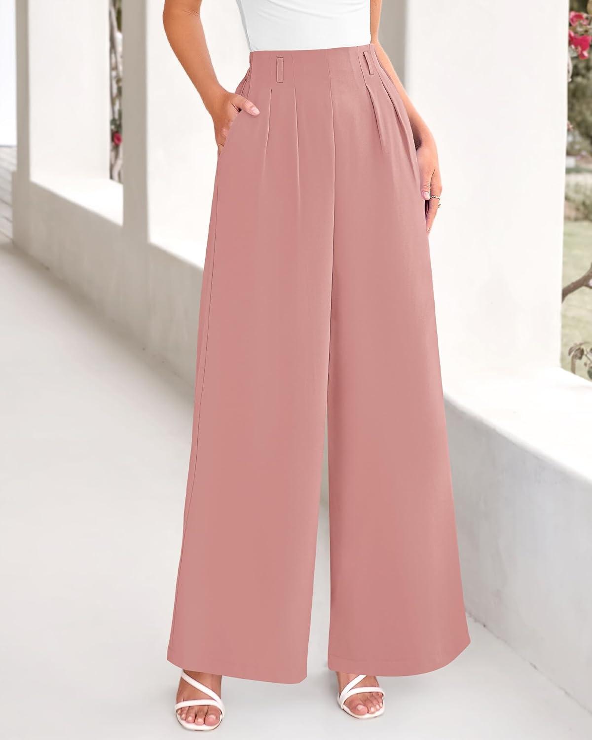 imageBTFBM Womens Elegant Flowy Dress Pants Front Pleated High Waisted Casual Wide Leg Loose Palazzo Trousers with PocketsPink