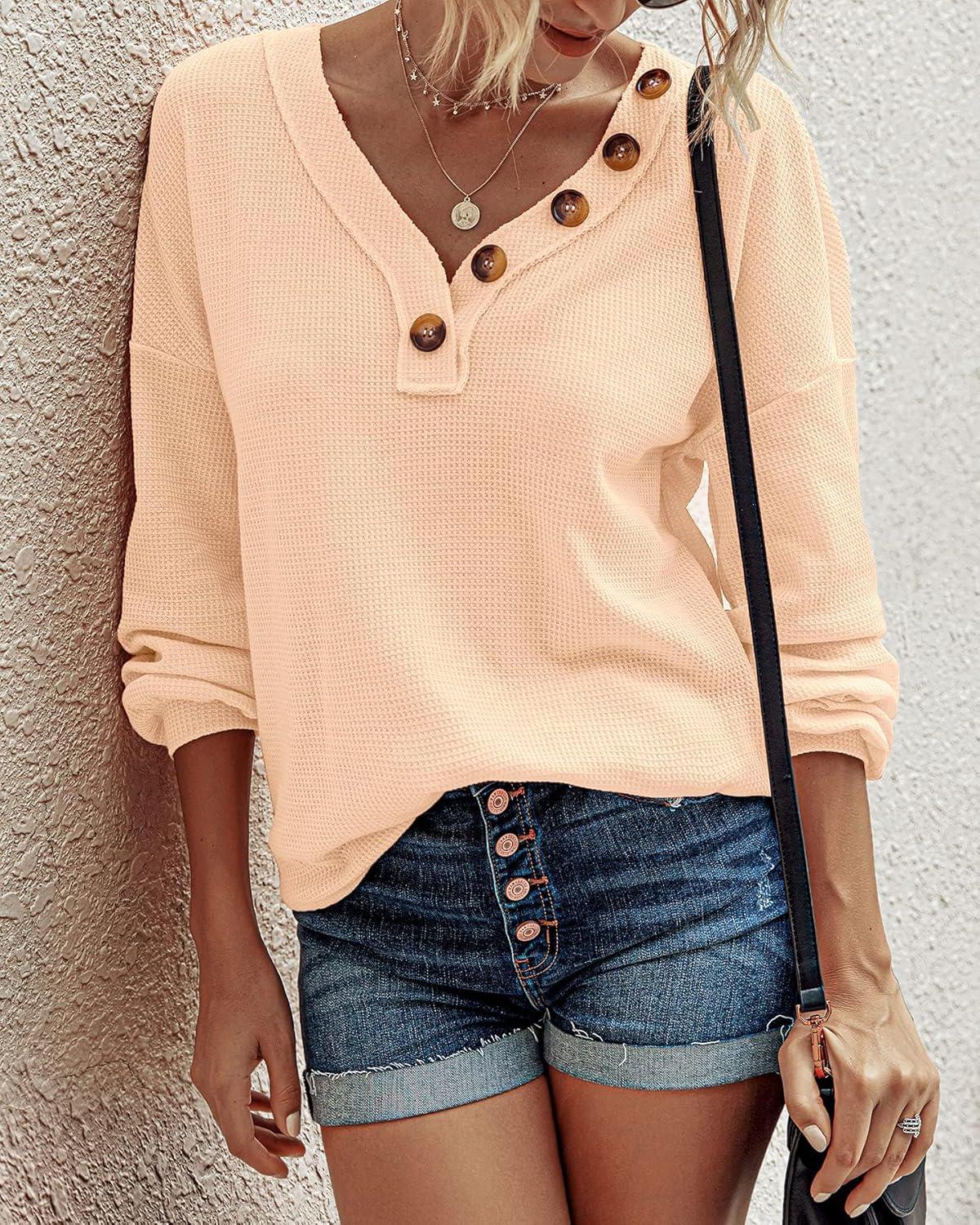 imageBTFBM Womens Fall Fashion 2025 Long Sleeve Shirts Spring V Neck Loose Casual Deco Button Lightweight Waffle Knit TopsApricot