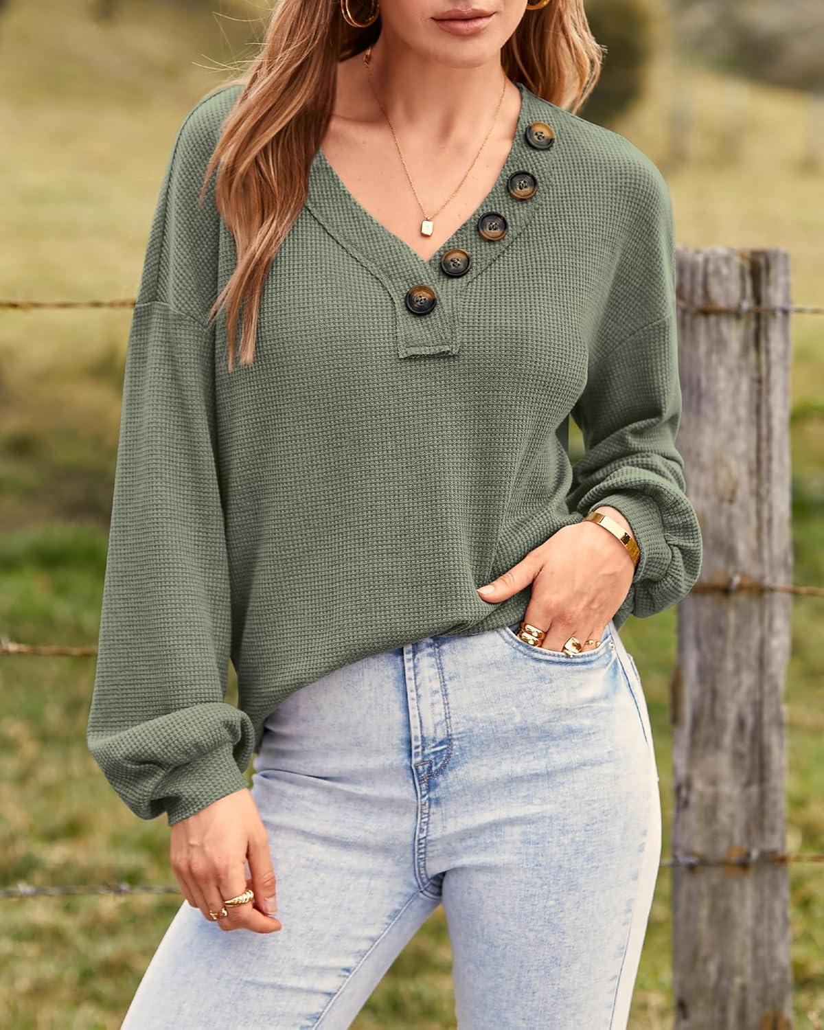 imageBTFBM Womens Fall Fashion 2025 Long Sleeve Shirts Spring V Neck Loose Casual Deco Button Lightweight Waffle Knit TopsArmy Green