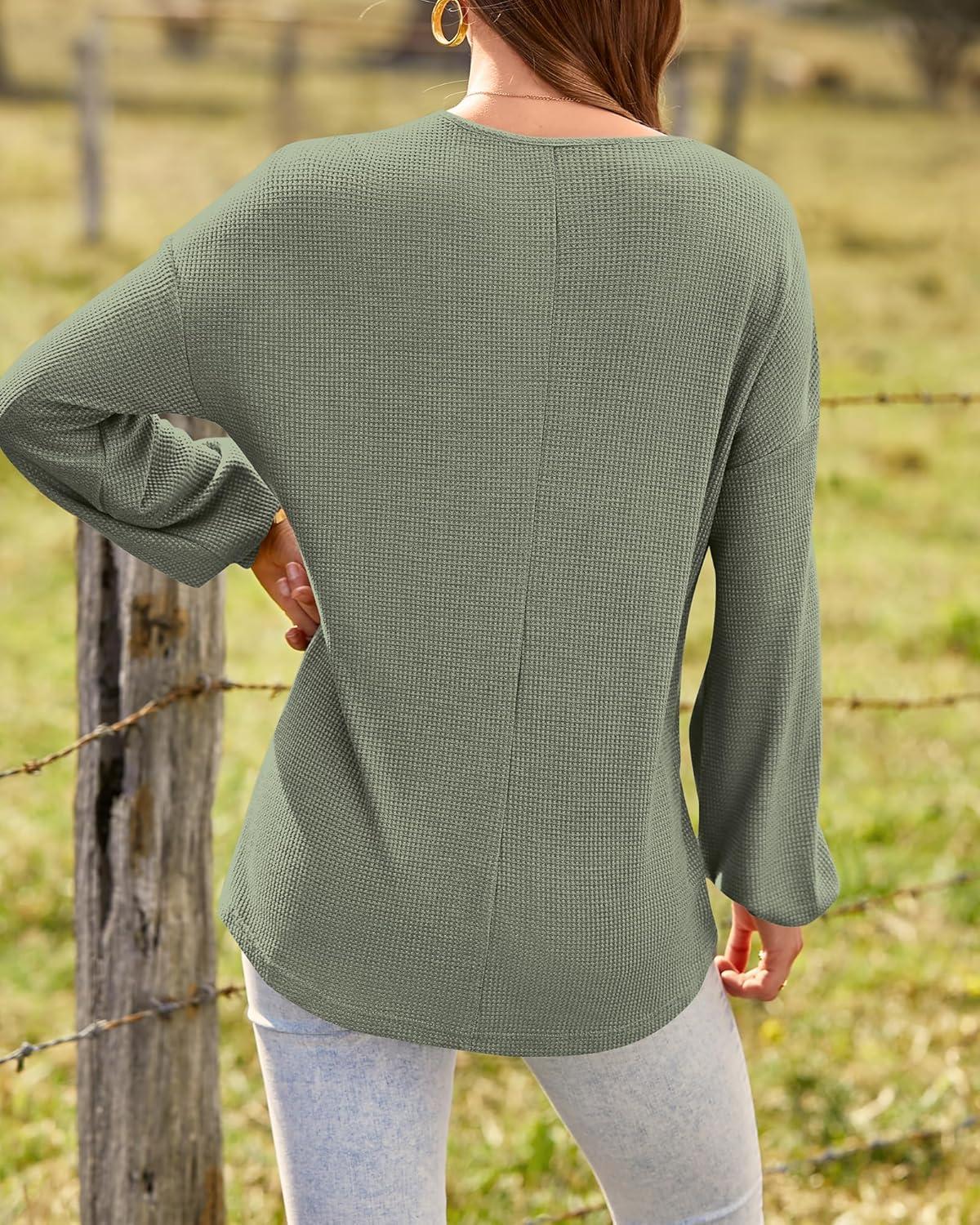 imageBTFBM Womens Fall Fashion 2025 Long Sleeve Shirts Spring V Neck Loose Casual Deco Button Lightweight Waffle Knit TopsArmy Green