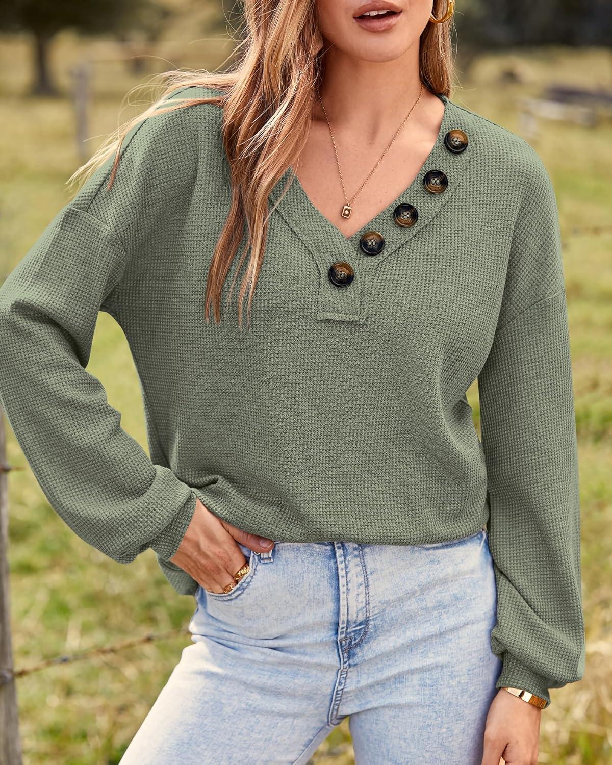 imageBTFBM Womens Fall Fashion 2025 Long Sleeve Shirts Spring V Neck Loose Casual Deco Button Lightweight Waffle Knit TopsArmy Green