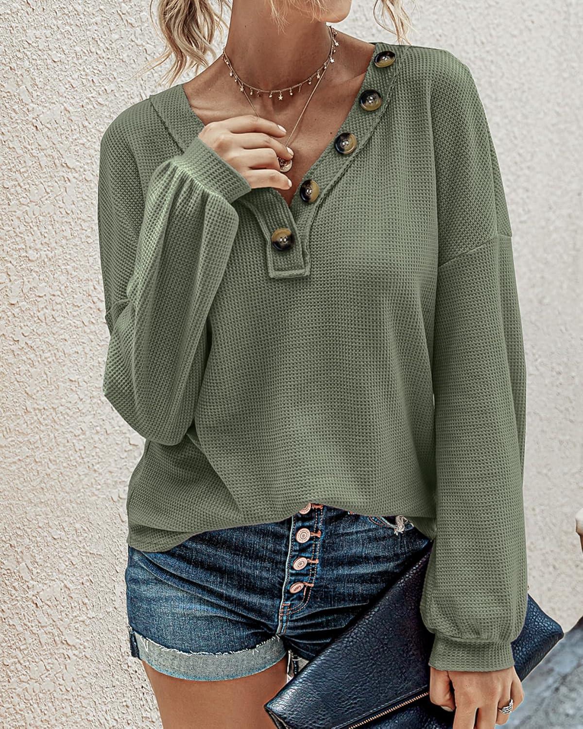 imageBTFBM Womens Fall Fashion 2025 Long Sleeve Shirts Spring V Neck Loose Casual Deco Button Lightweight Waffle Knit TopsArmy Green