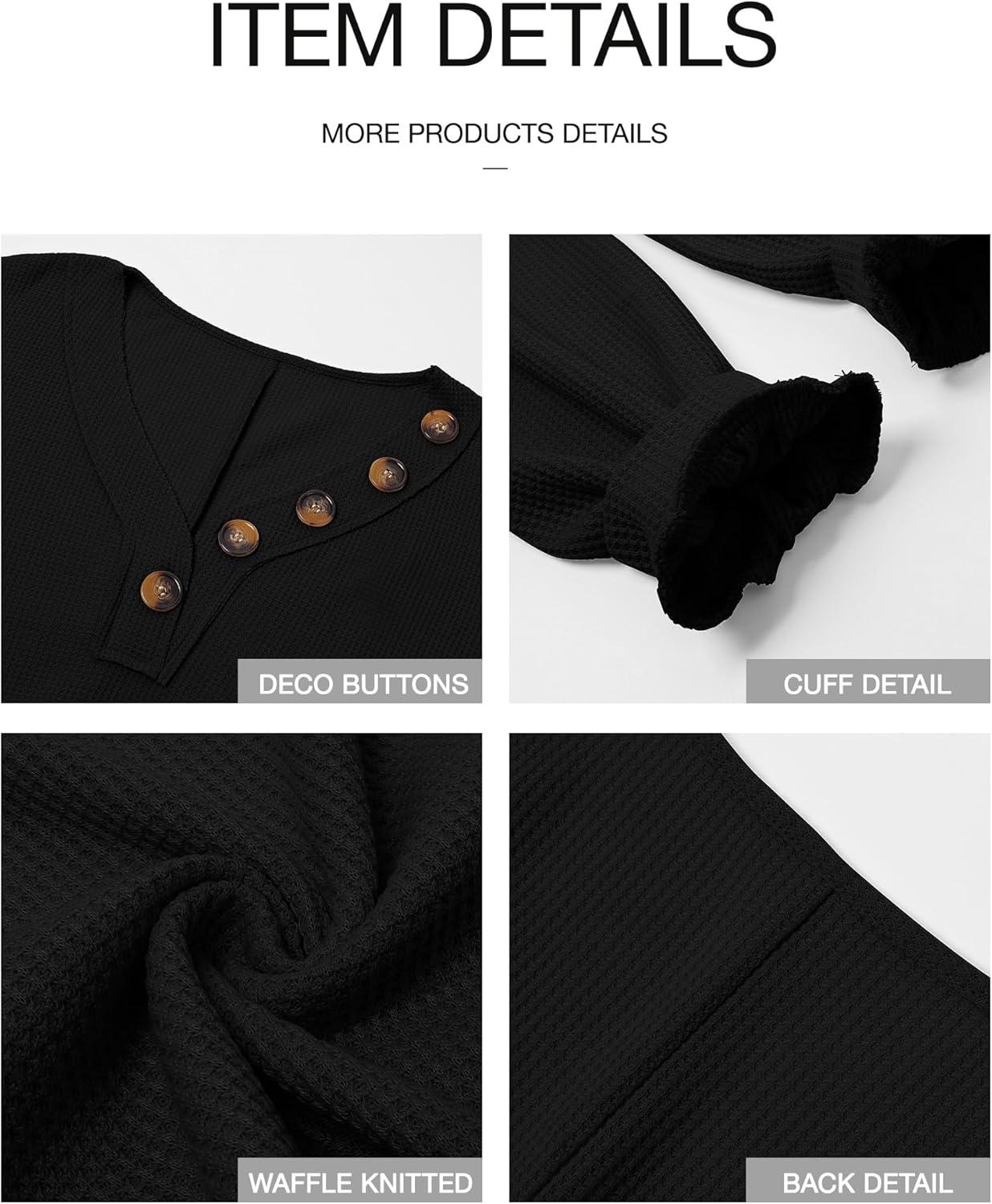 imageBTFBM Womens Fall Fashion 2025 Long Sleeve Shirts Spring V Neck Loose Casual Deco Button Lightweight Waffle Knit TopsBlack