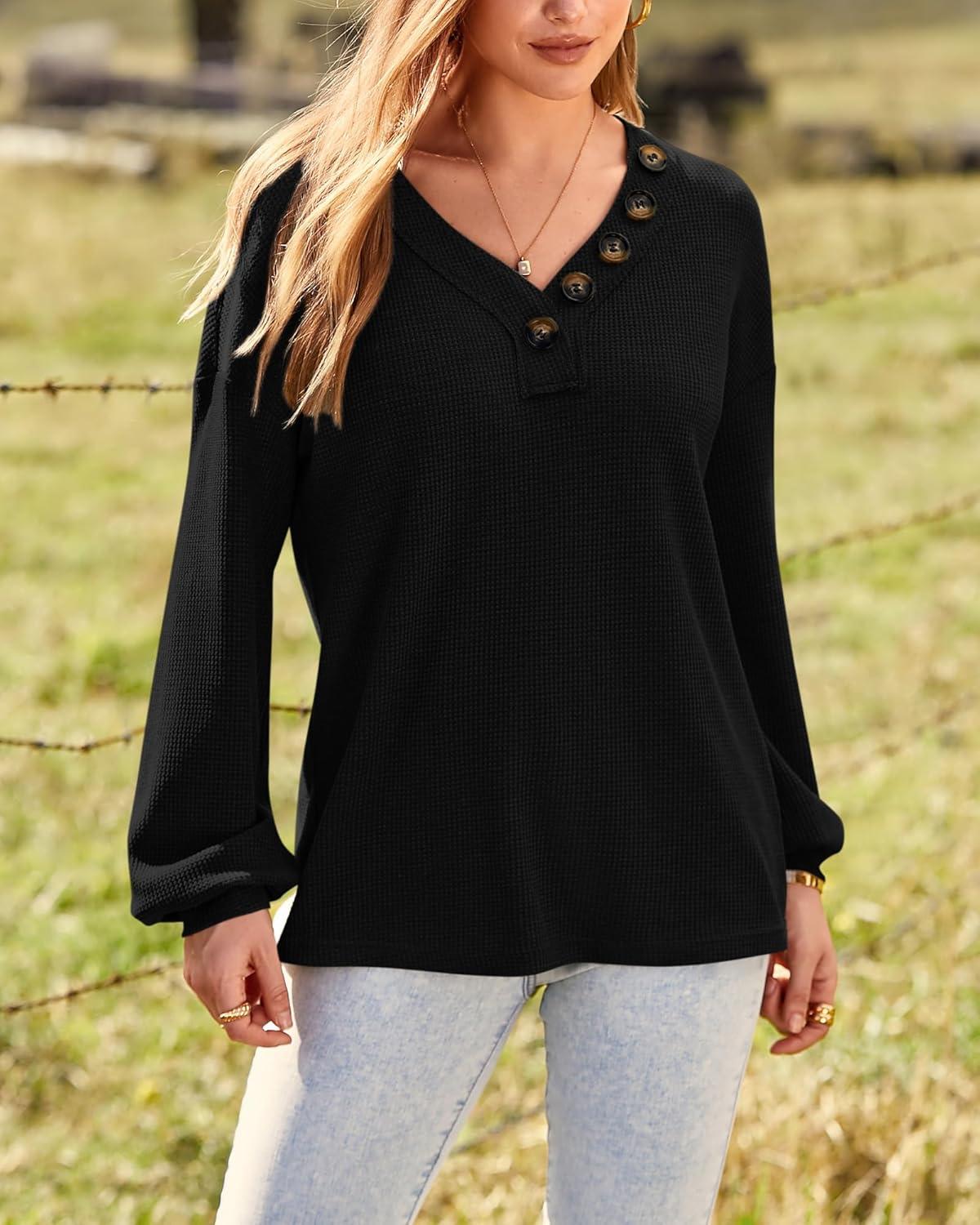 imageBTFBM Womens Fall Fashion 2025 Long Sleeve Shirts Spring V Neck Loose Casual Deco Button Lightweight Waffle Knit TopsBlack