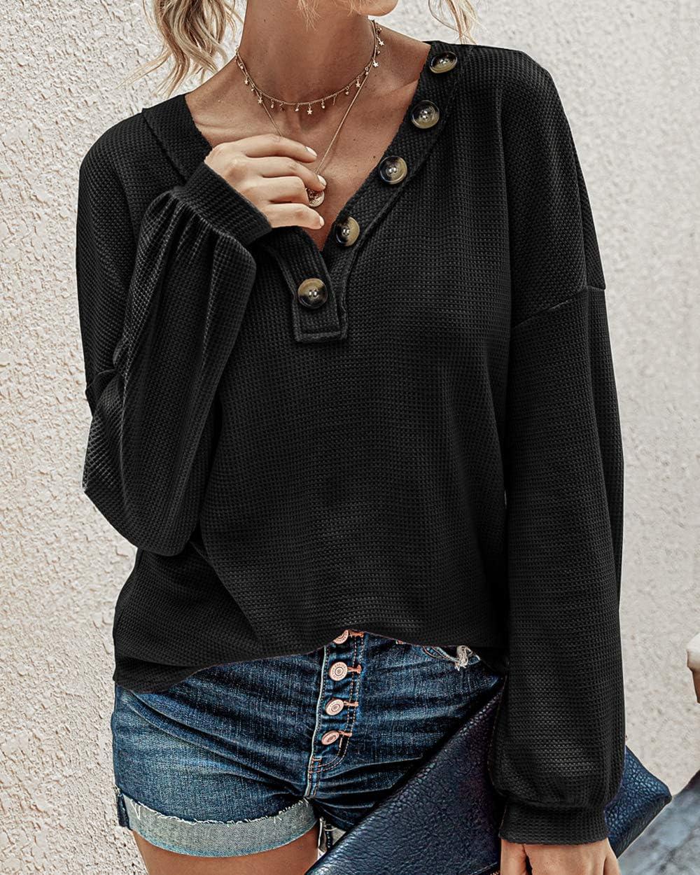 imageBTFBM Womens Fall Fashion 2025 Long Sleeve Shirts Spring V Neck Loose Casual Deco Button Lightweight Waffle Knit TopsBlack