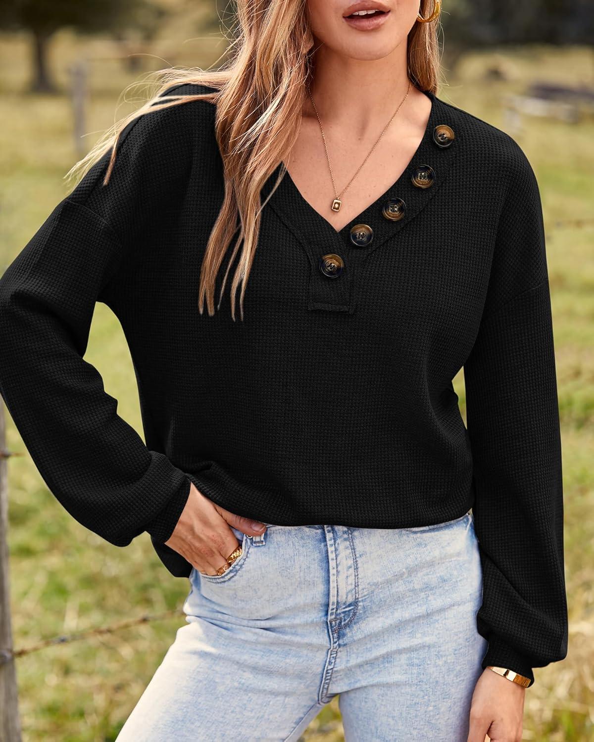 imageBTFBM Womens Fall Fashion 2025 Long Sleeve Shirts Spring V Neck Loose Casual Deco Button Lightweight Waffle Knit TopsBlack
