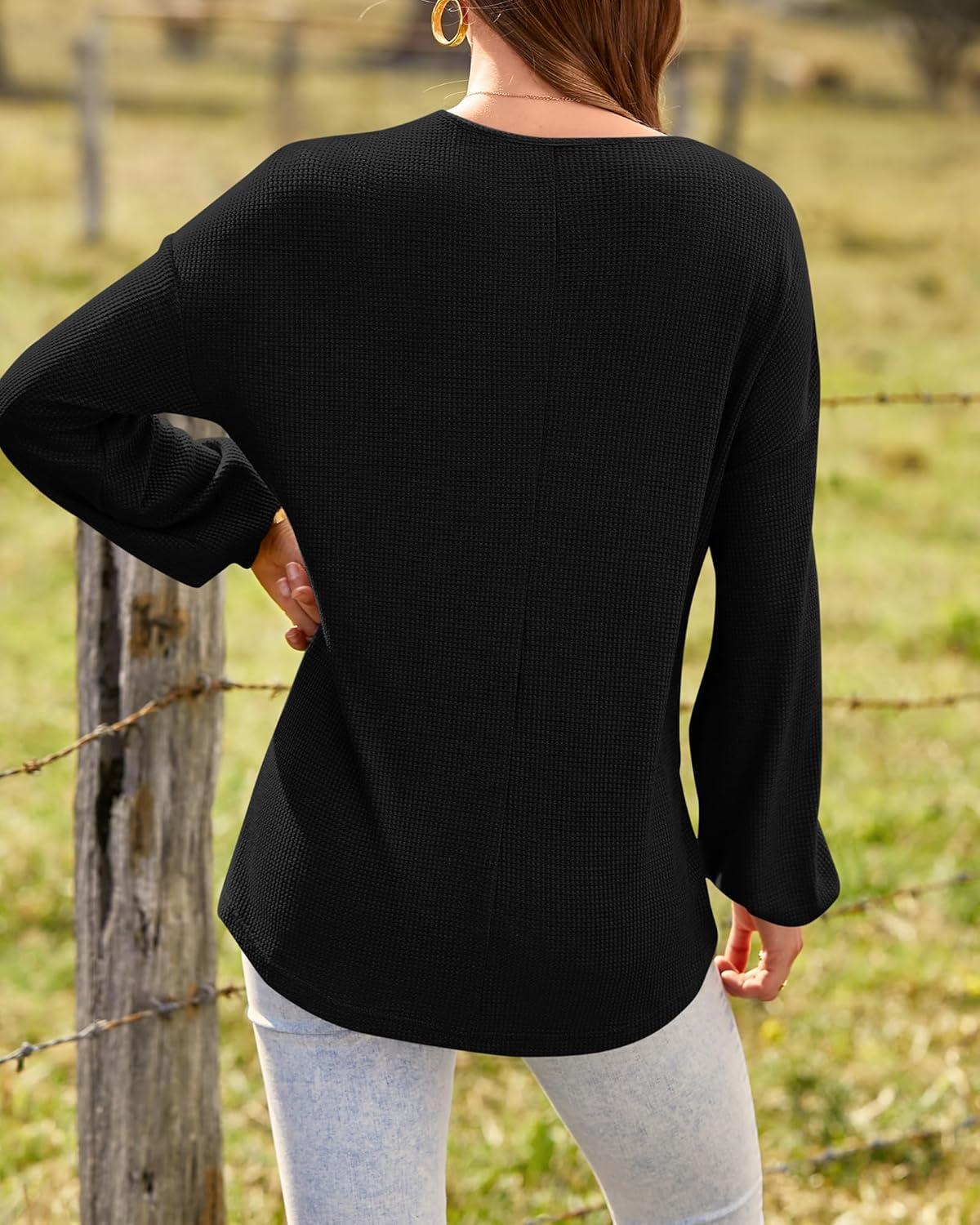 imageBTFBM Womens Fall Fashion 2025 Long Sleeve Shirts Spring V Neck Loose Casual Deco Button Lightweight Waffle Knit TopsBlack