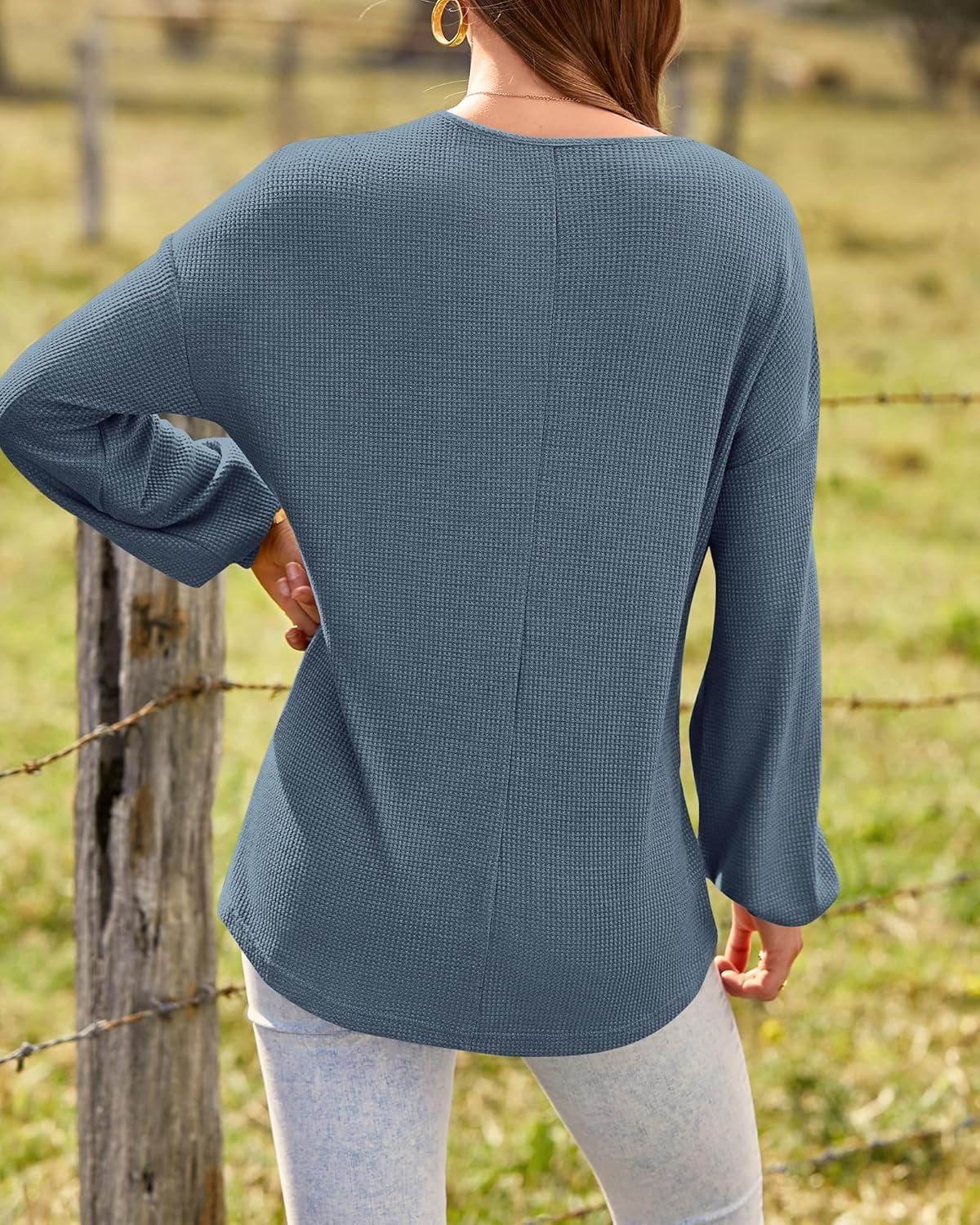 imageBTFBM Womens Fall Fashion 2025 Long Sleeve Shirts Spring V Neck Loose Casual Deco Button Lightweight Waffle Knit TopsBlue