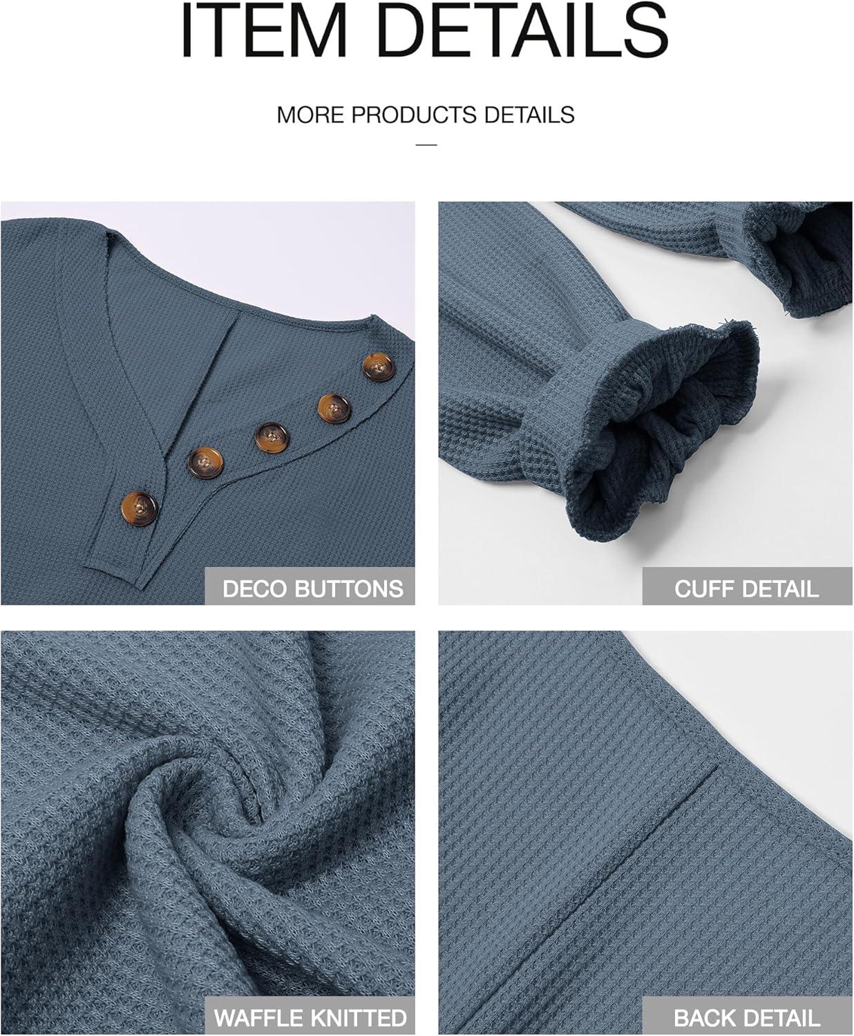 imageBTFBM Womens Fall Fashion 2025 Long Sleeve Shirts Spring V Neck Loose Casual Deco Button Lightweight Waffle Knit TopsBlue