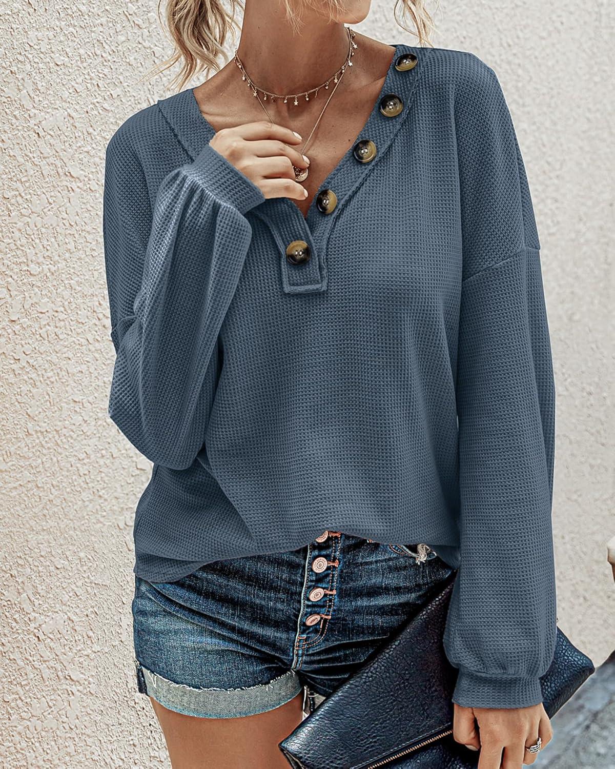 imageBTFBM Womens Fall Fashion 2025 Long Sleeve Shirts Spring V Neck Loose Casual Deco Button Lightweight Waffle Knit TopsBlue