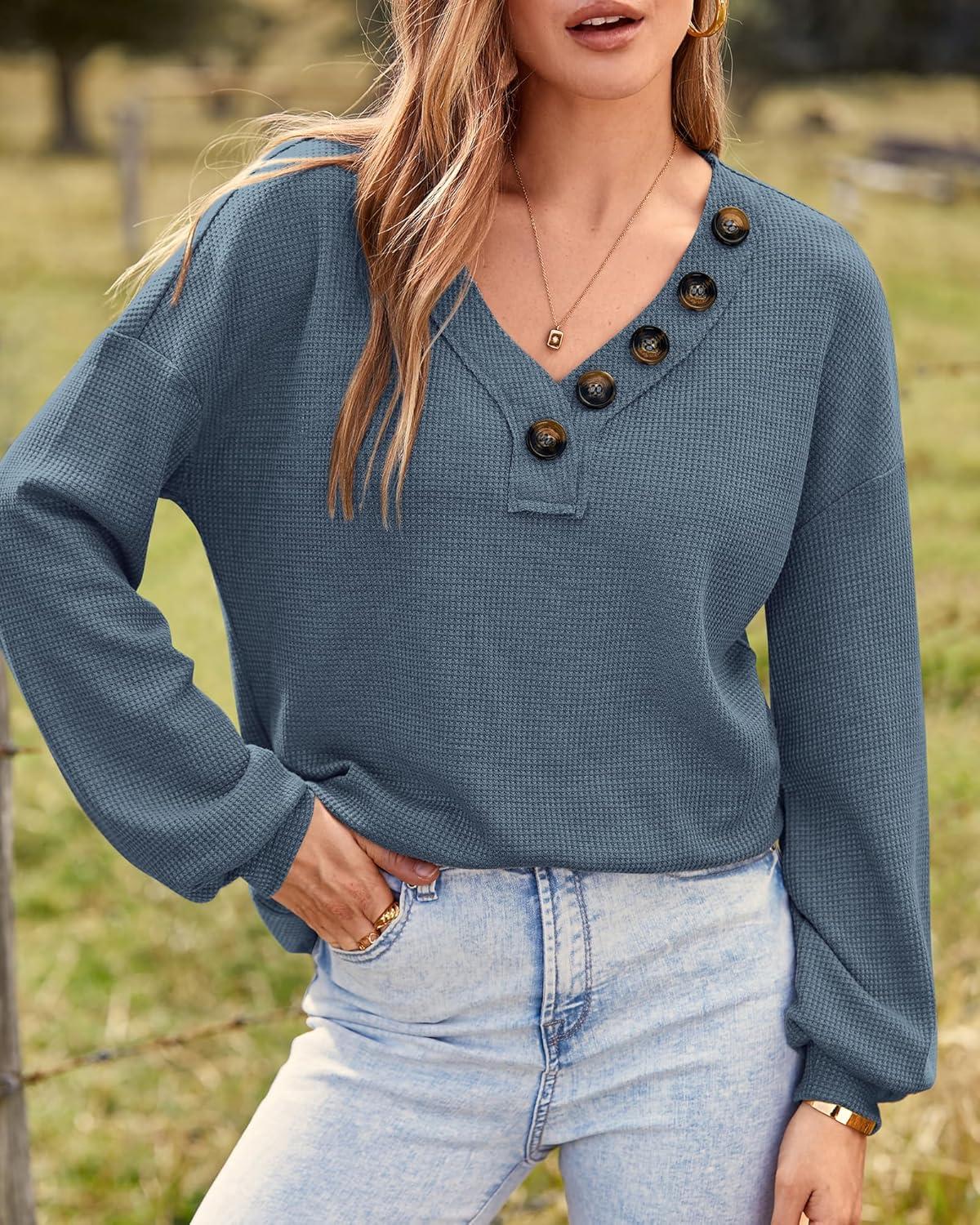imageBTFBM Womens Fall Fashion 2025 Long Sleeve Shirts Spring V Neck Loose Casual Deco Button Lightweight Waffle Knit TopsBlue