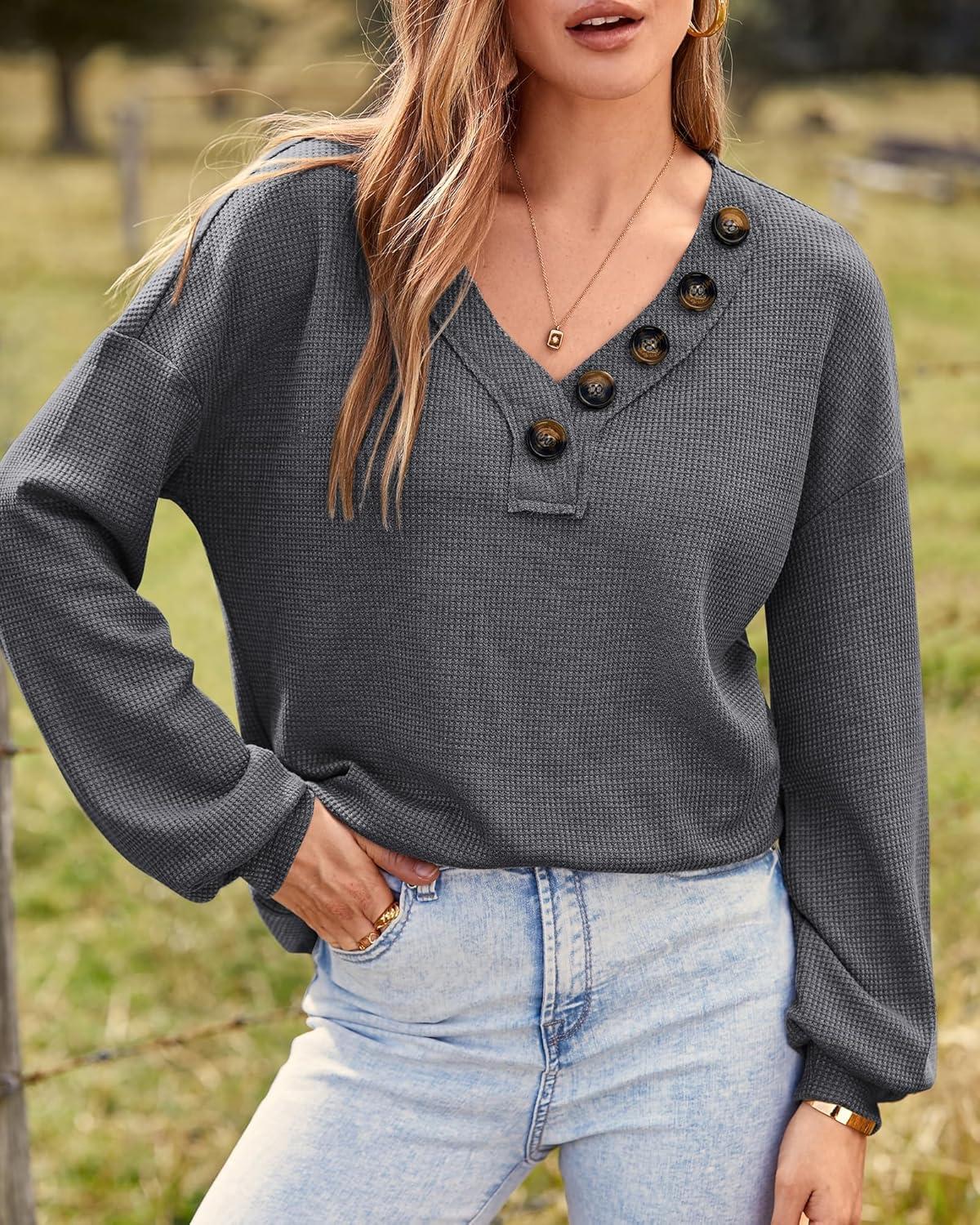 imageBTFBM Womens Fall Fashion 2025 Long Sleeve Shirts Spring V Neck Loose Casual Deco Button Lightweight Waffle Knit TopsDark Grey