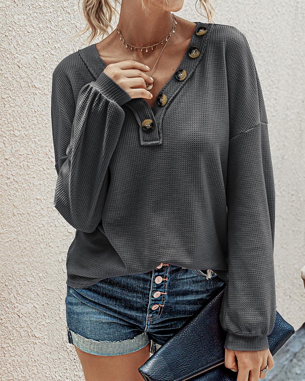 imageBTFBM Womens Fall Fashion 2025 Long Sleeve Shirts Spring V Neck Loose Casual Deco Button Lightweight Waffle Knit TopsDark Grey