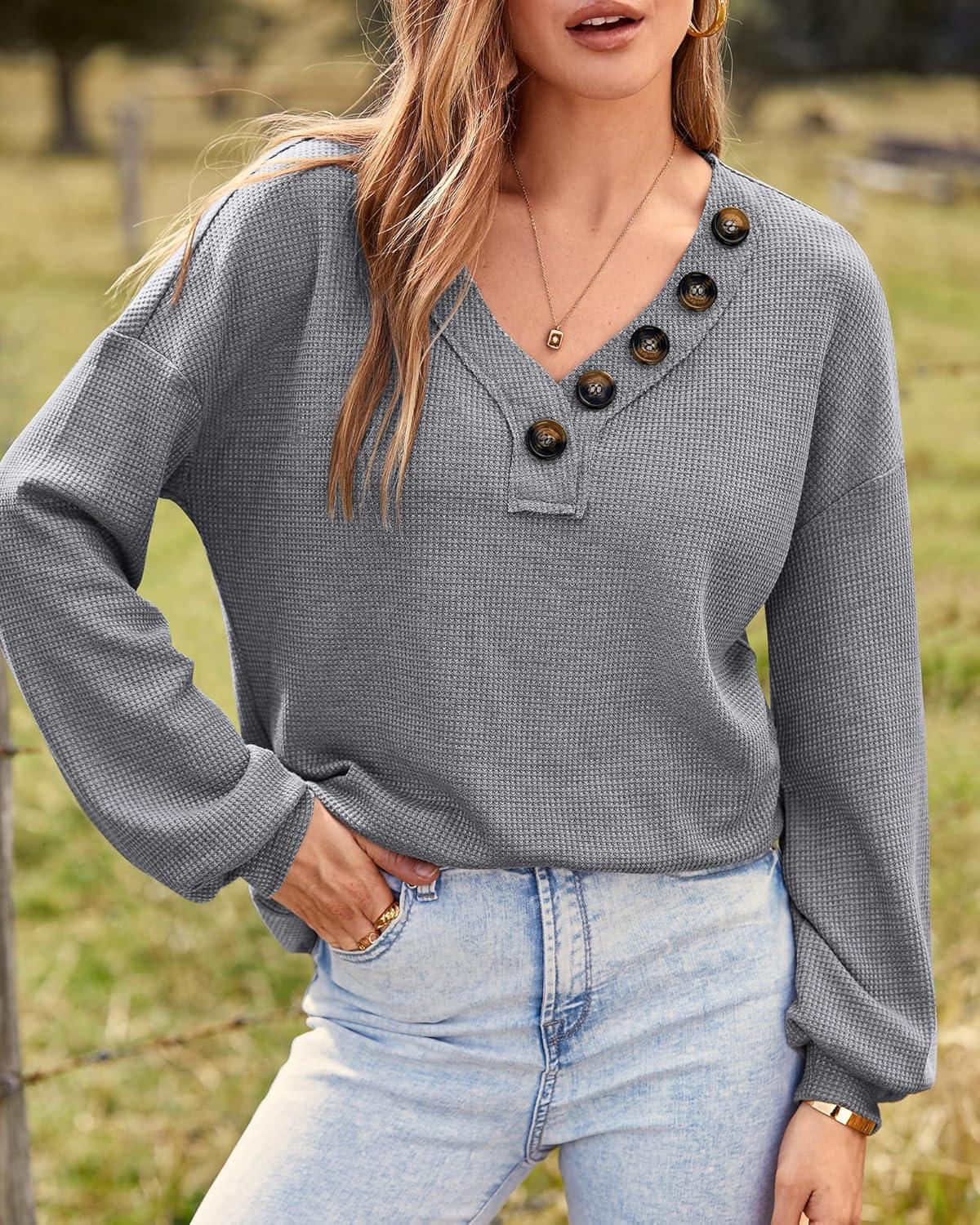 imageBTFBM Womens Fall Fashion 2025 Long Sleeve Shirts Spring V Neck Loose Casual Deco Button Lightweight Waffle Knit TopsLight Grey